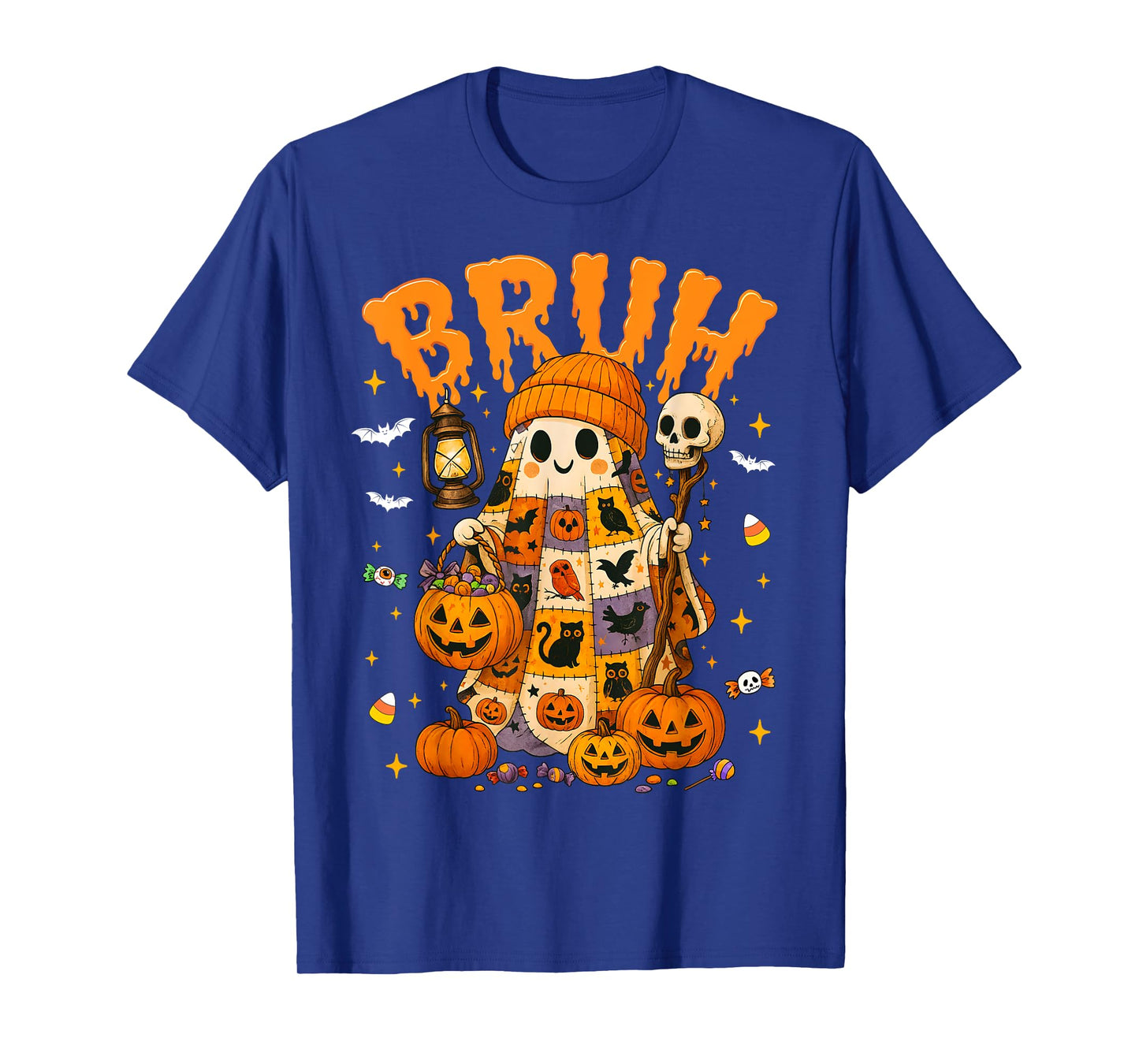 Patchwork Ghost Trick Or Treat Bruh Halloween Candy Kids T-Shirt