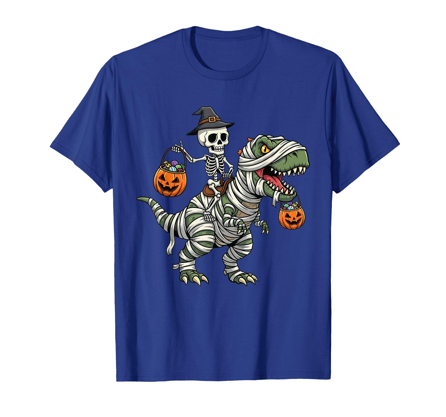 Mummy Skeleton Riding Dinosaur T Rex Kids Boys Men Halloween T-Shirt