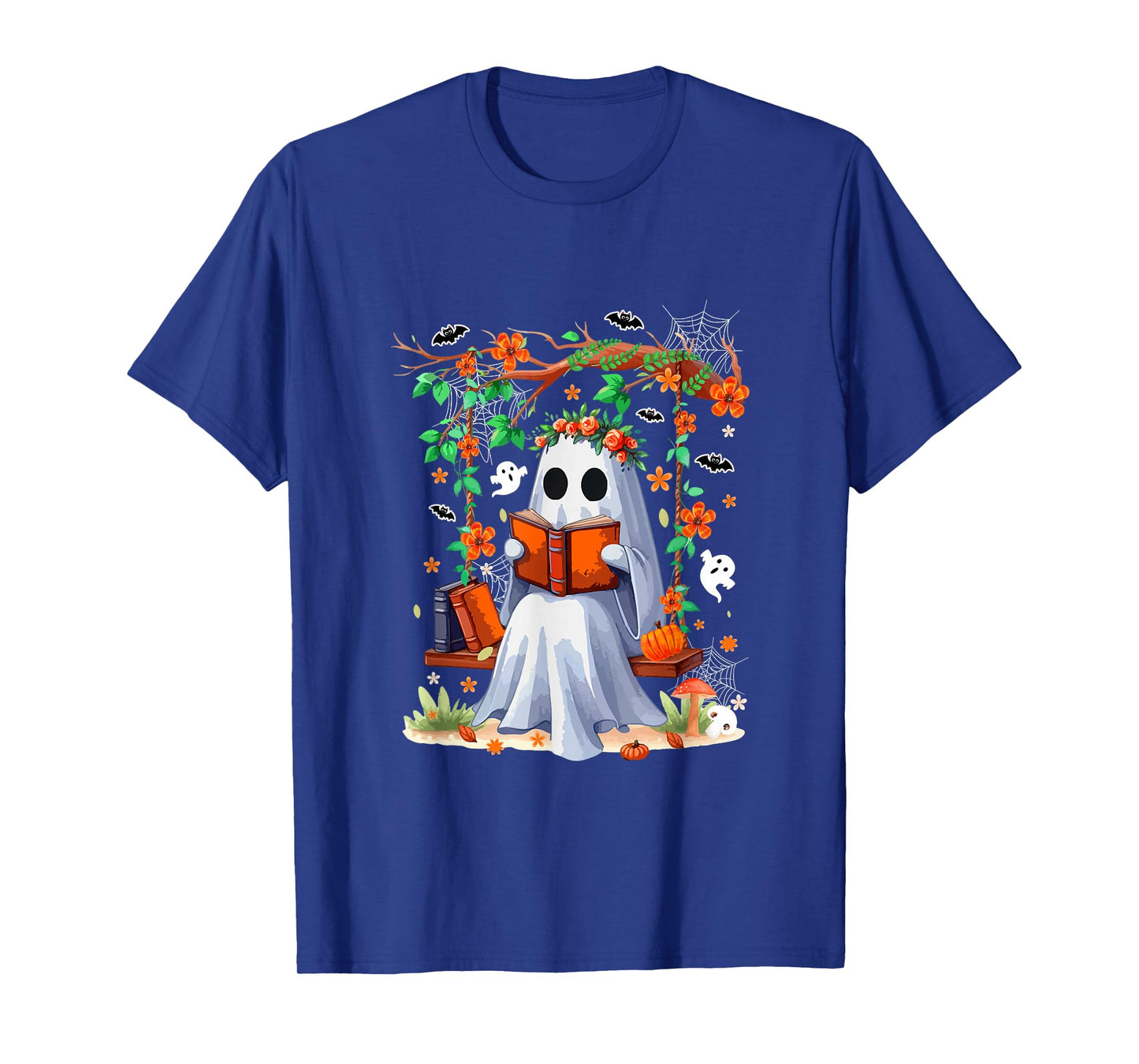 Cute Boo On Swing Reading Book Halloween Colorful Flowers T-Shirt