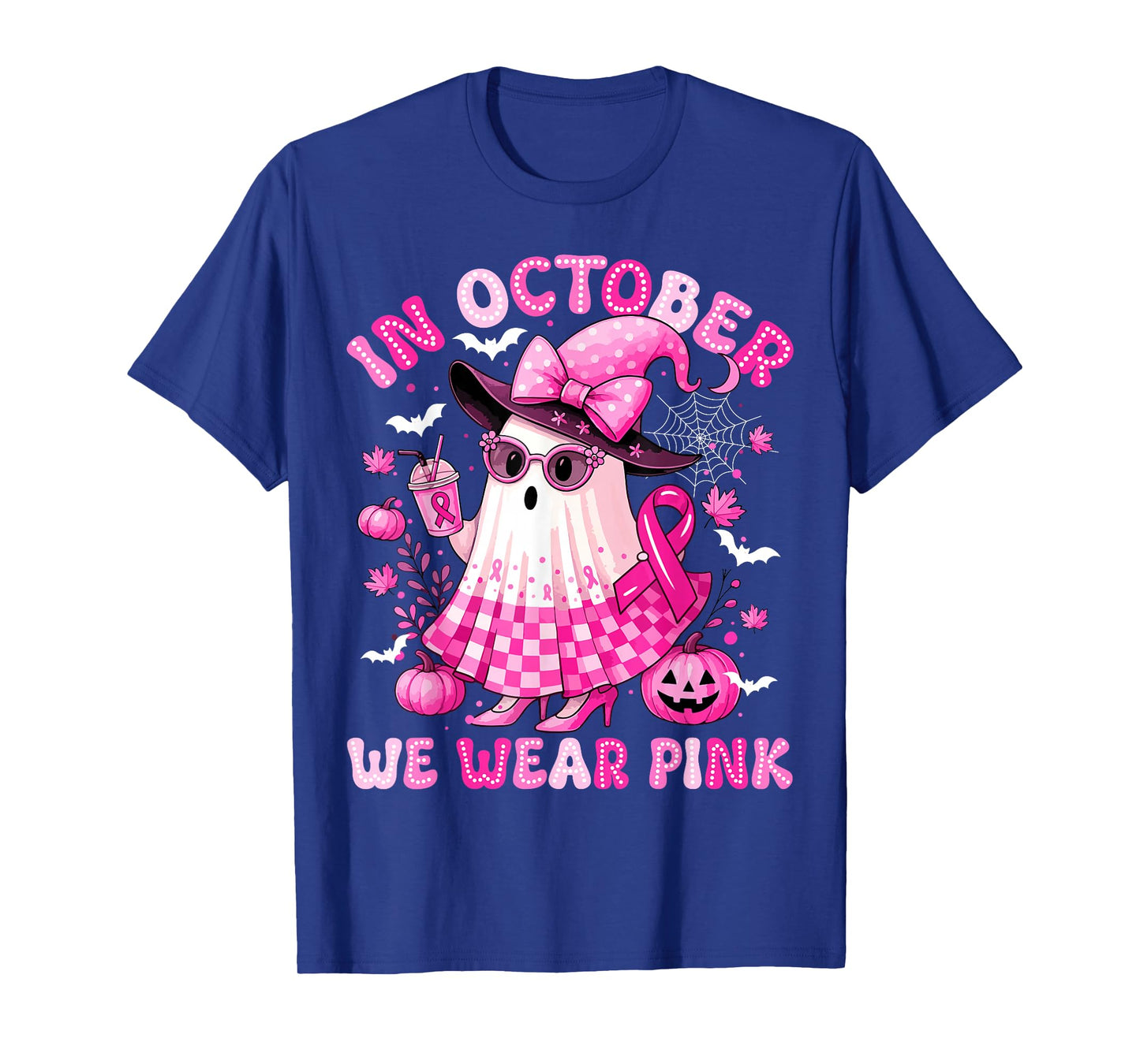 in October We Wear Pink Breast Cancer Bow Ghost Women Girl T-Shirt