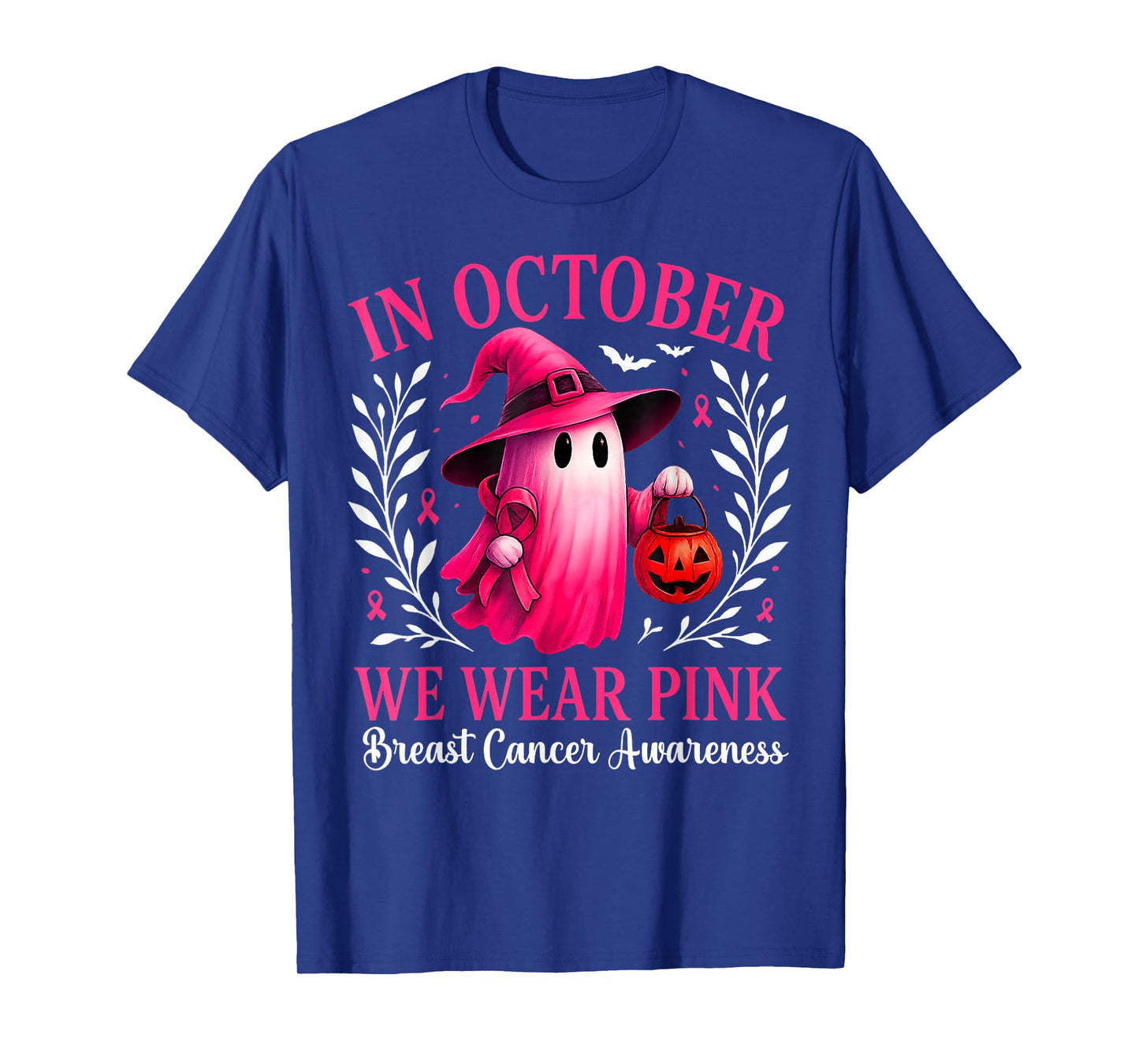 in October We Wear Pink Ghost Witch Breast Cancer Awareness T-Shirt