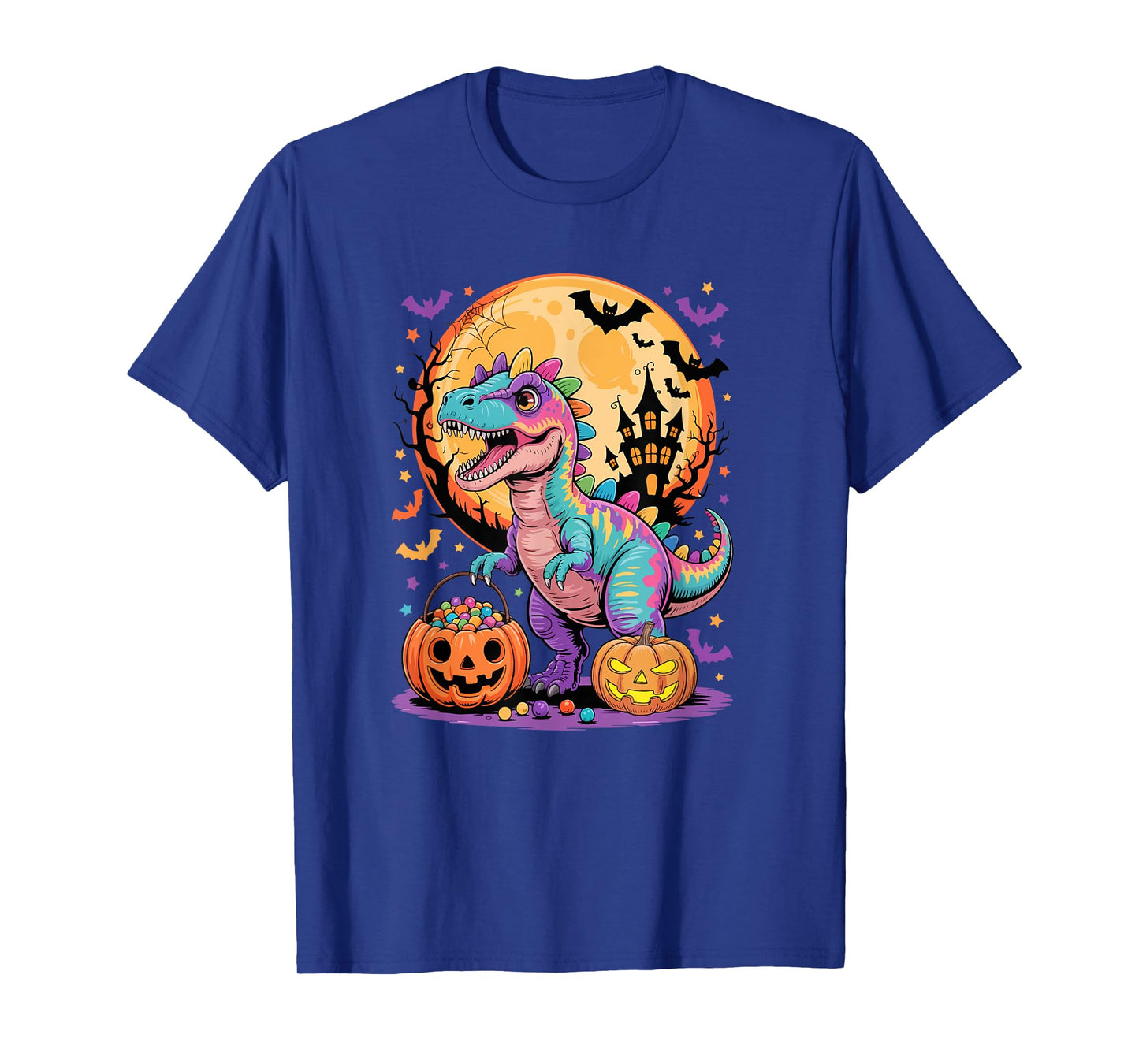 Colorful T-Rex Carved Pumpkin Basket Candies Lover Kids T-Shirt