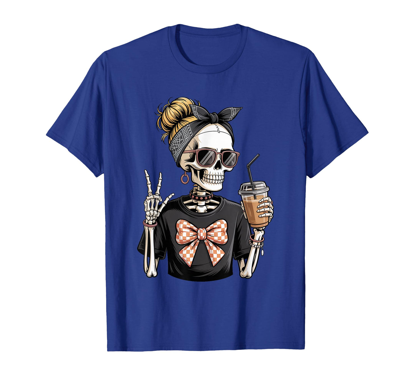 Skeleton Girl Drinking Coffee Peace Sign Graphic for Women T-Shirt