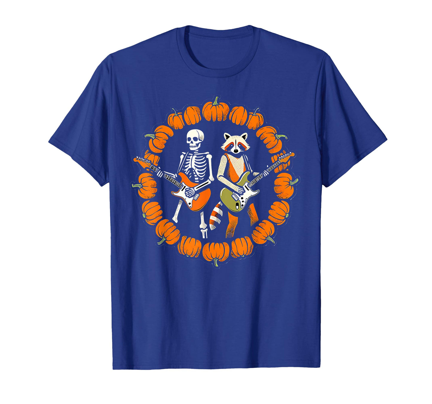 Skeleton Raccoon Rocking Pumpkin Halloween Men Women Kids T-Shirt