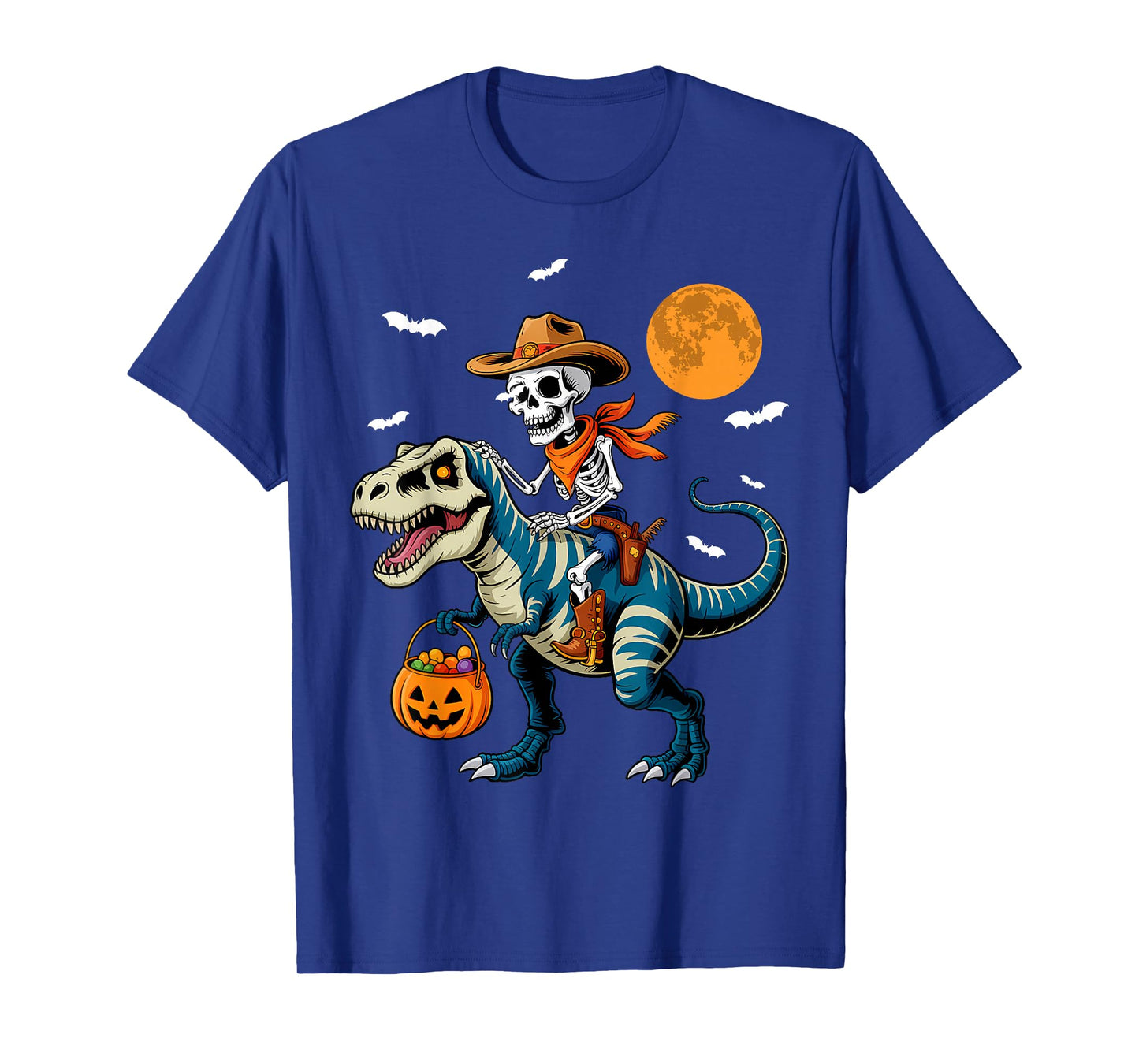 Skeleton Riding Mummy Dinosaur T-rex Funny Halloween Pumpkin T-Shirt