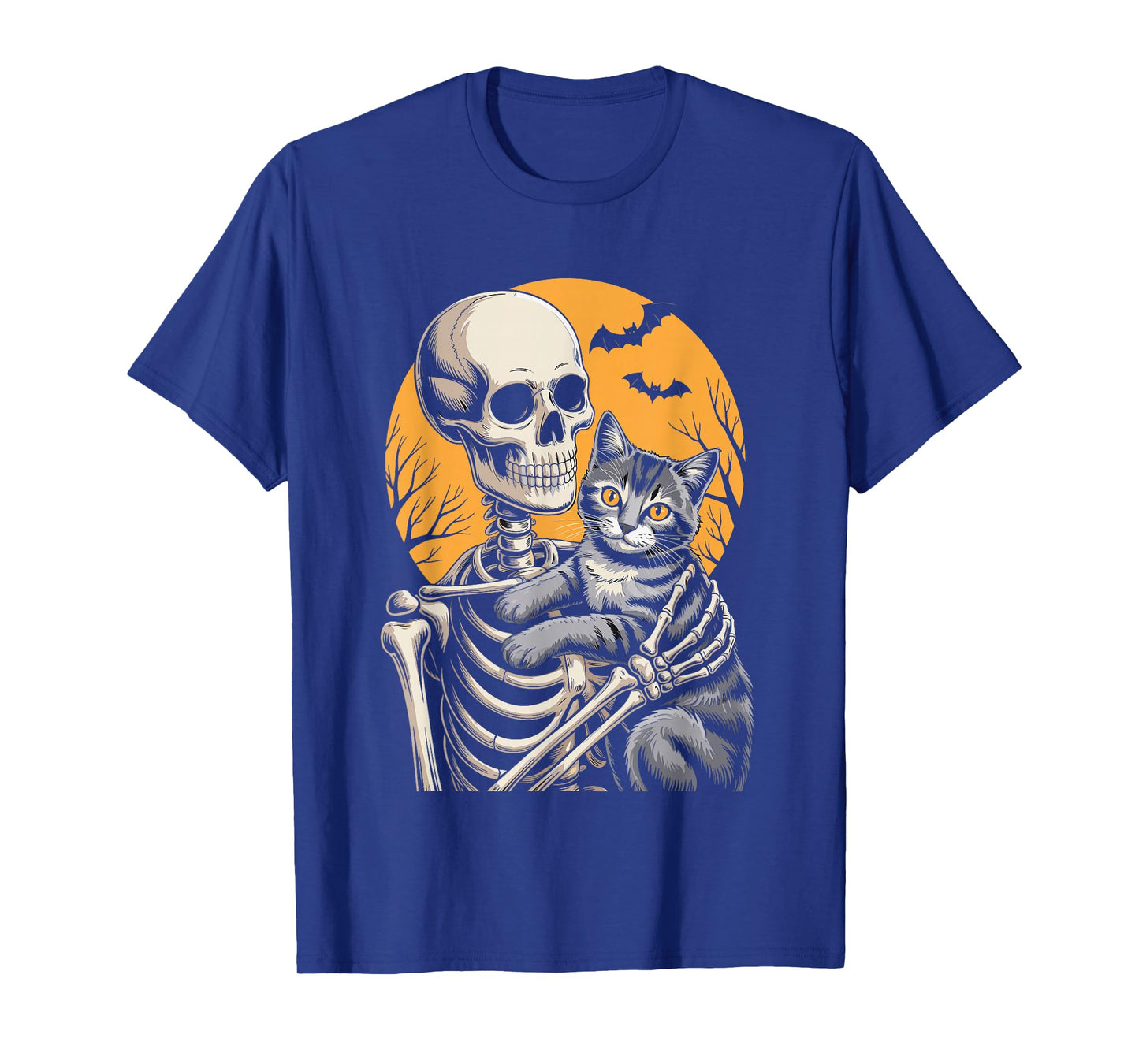 Skeleton Hugging Cat Halloween Moon Cats Lover T-Shirt