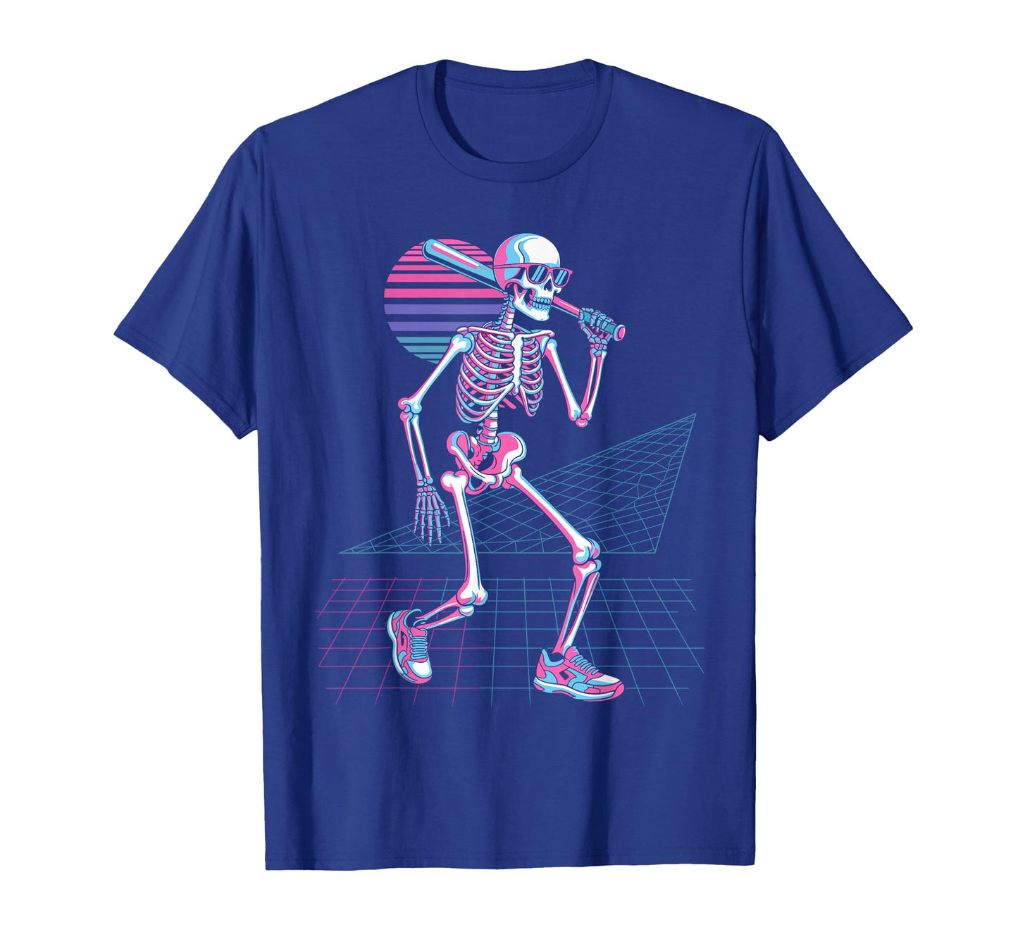 Retro 80s Skeleton Baseball Graphic Vaporwave Sunset T-Shirt