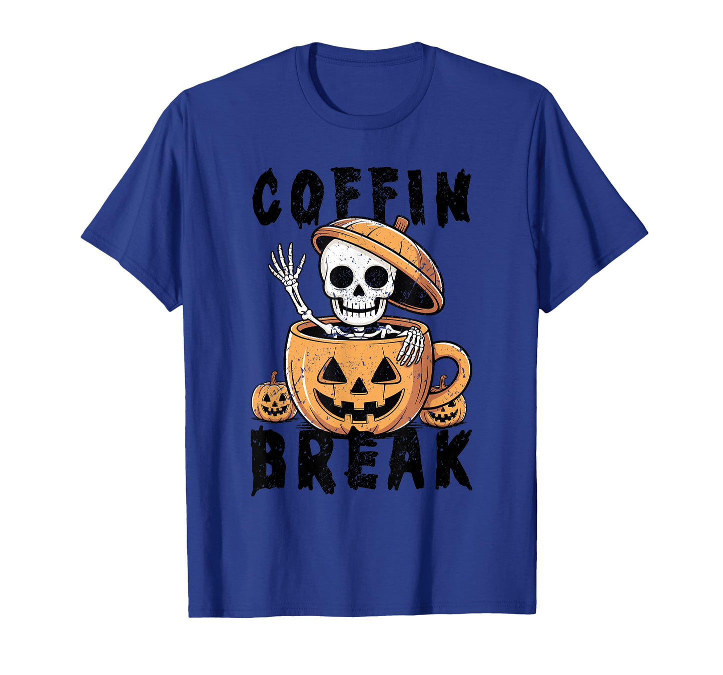 Skeleton in Pumpkin Mug Waving Spooky Halloween Coffee T-Shirt