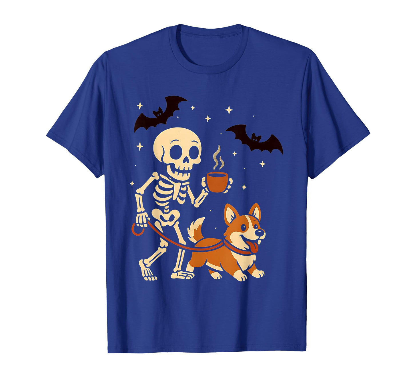 Skeleton Walking Corgi Dog Coffee Lovers Funny Halloween T-Shirt