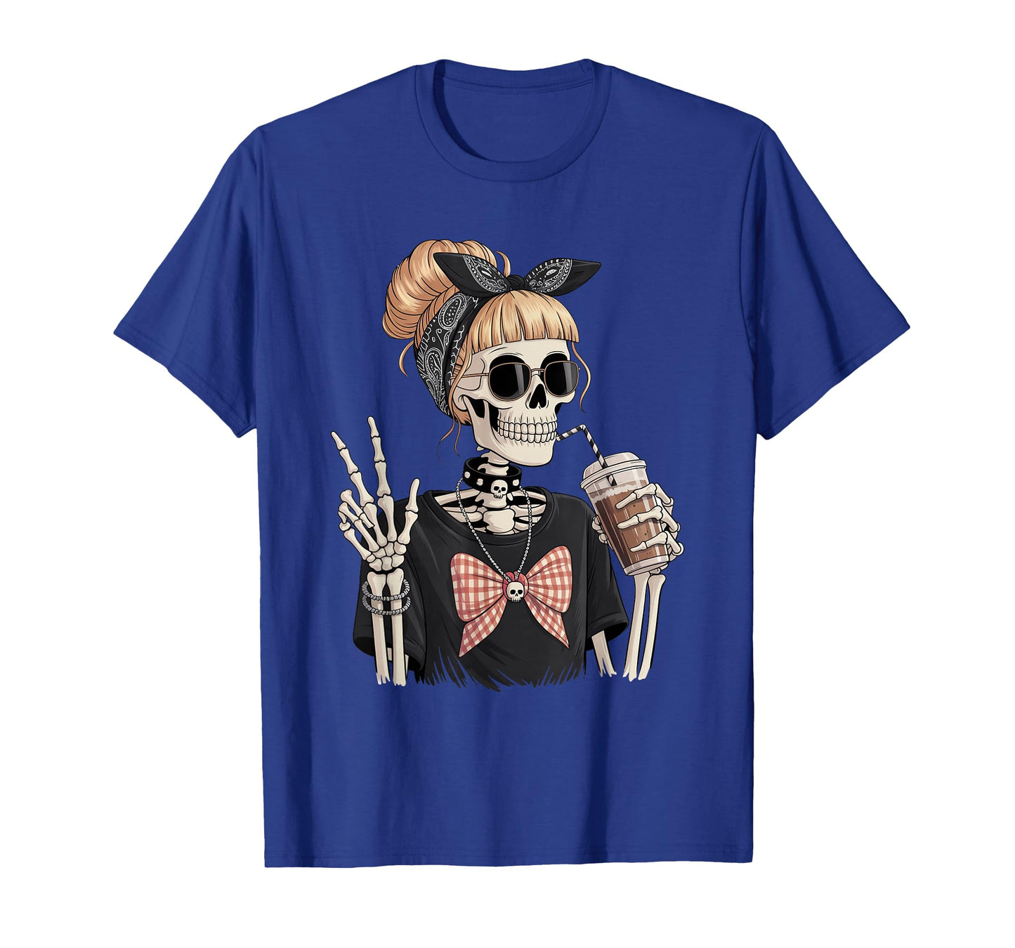 Skeleton Girl Drinking Coffee Peace Sign Graphic for Women T-Shirt