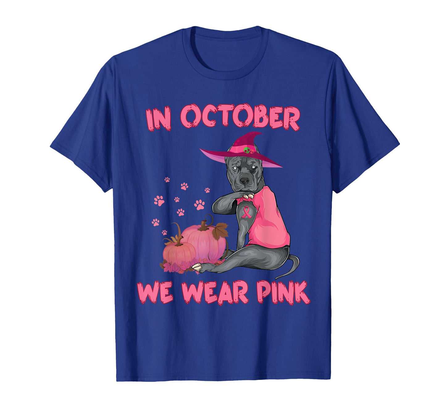 In October We Wear Pink Pitbull Dog Breast Cancer Halloween Men Women Girls Kids T-Shirt