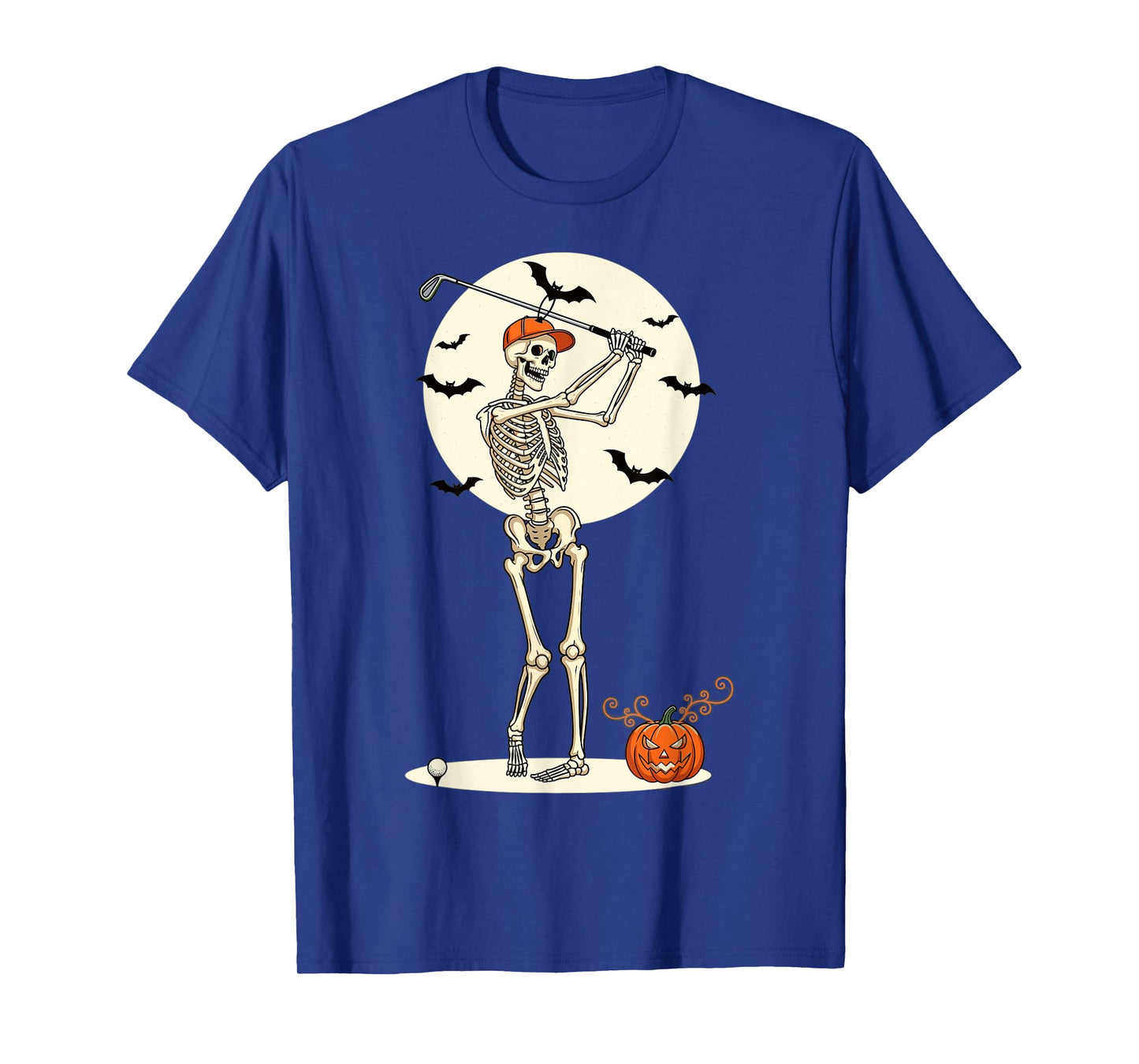 Halloween Skeleton Golf Swing Pumpkin Moon Scene T-Shirt