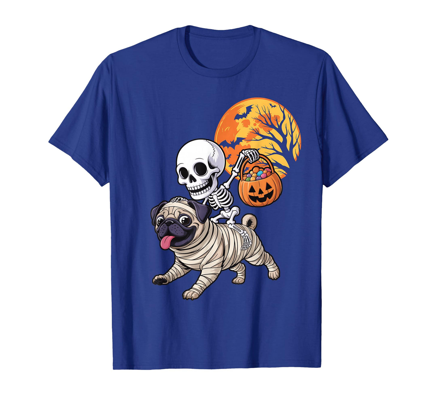 Funny Skeleton Riding Mummy Pug Women Men Halloween T-Shirt