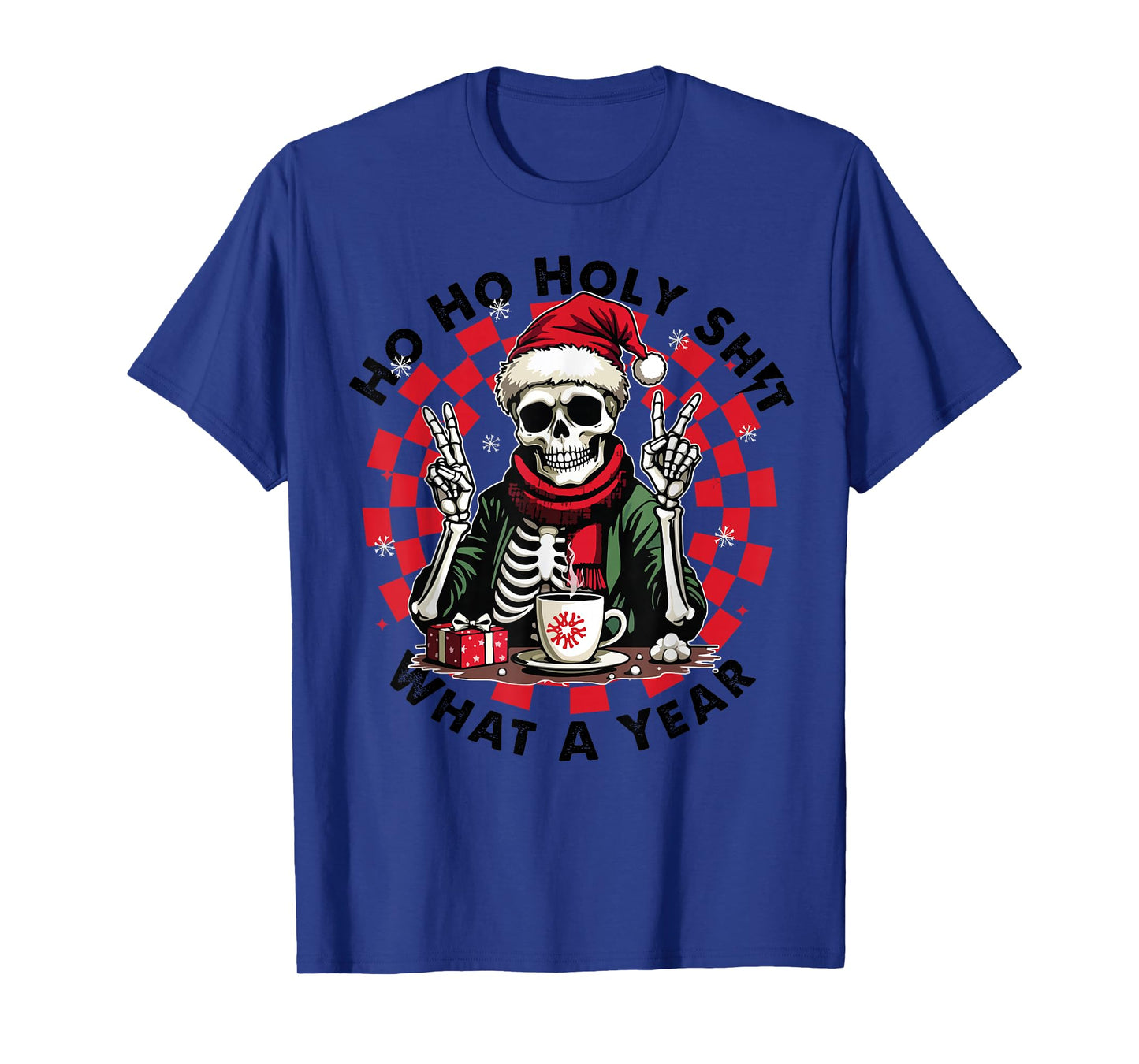 Funny Holy What A Year Christmas Skeleton Retro Women Men T-Shirt