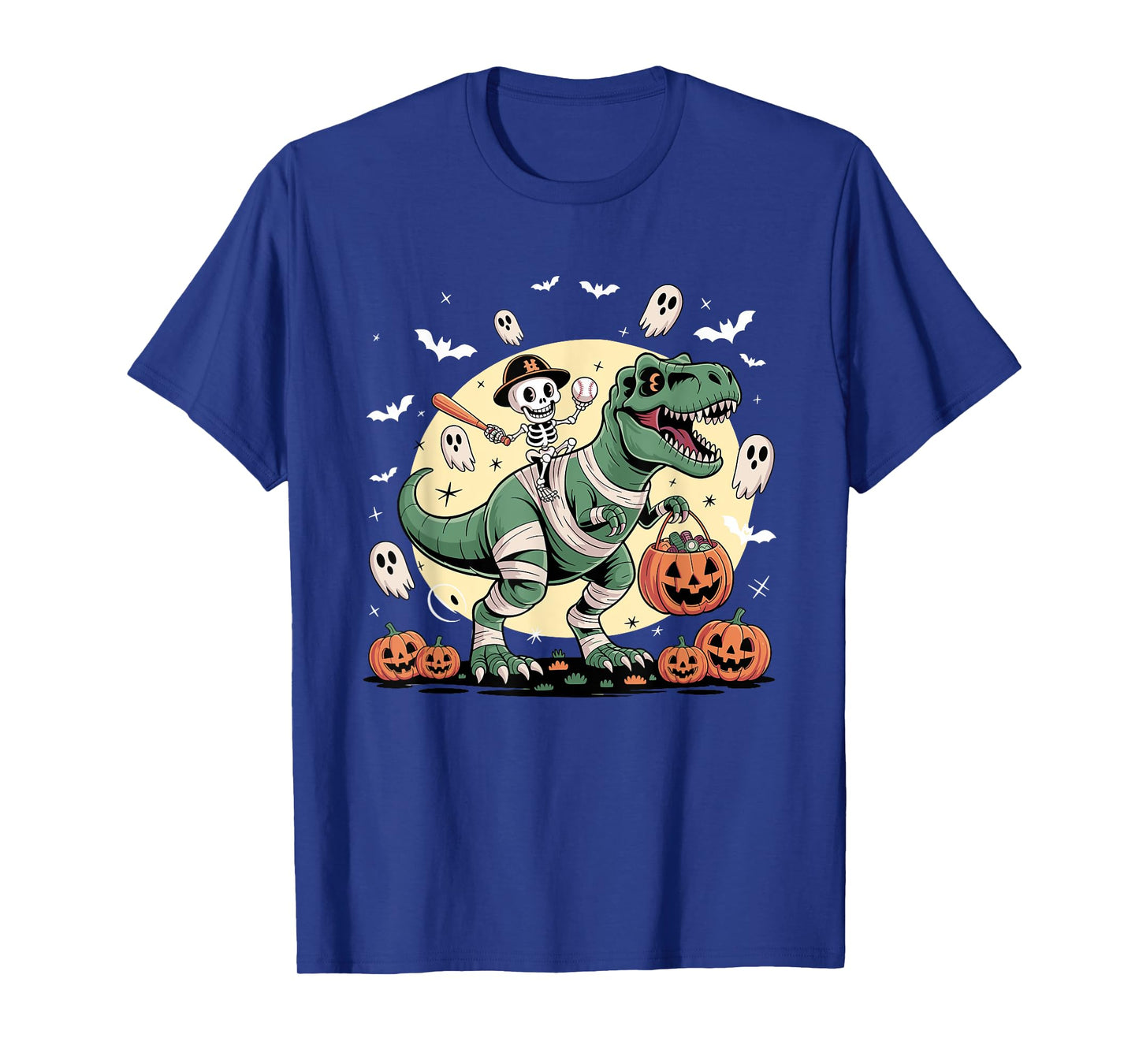 Baseball Skeleton Riding Mummy Dinosaur T-Rex Halloween Boys T-Shirt