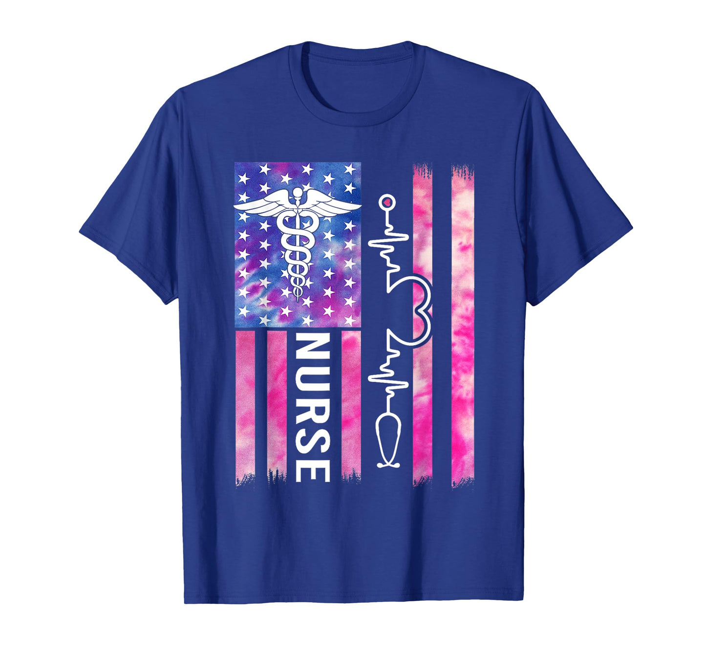 Tie Dye Nurse USA Flag Stethoscope Heartbeat American Nurse T-Shirt