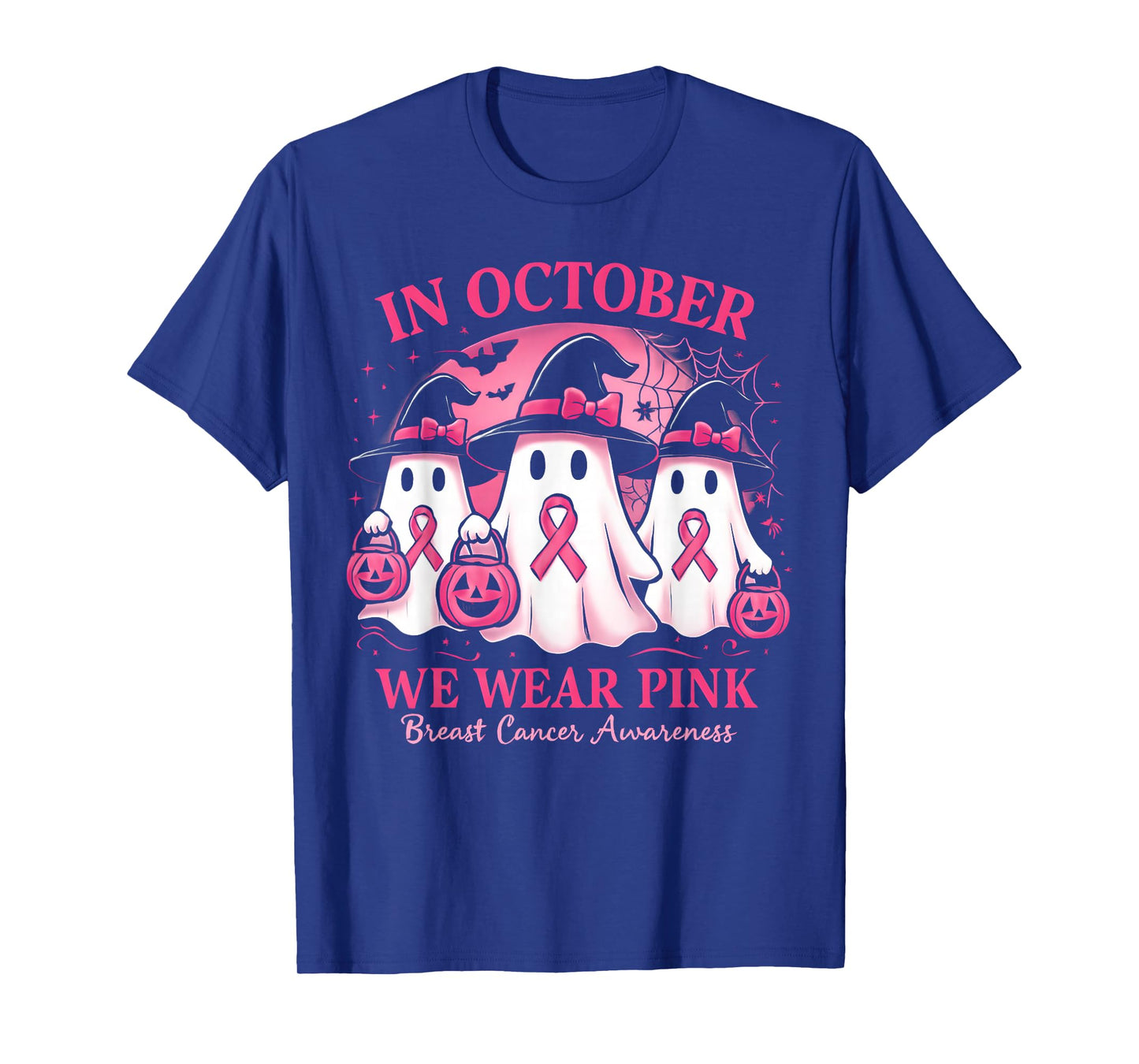 in October We Wear Pink Ghost Halloween Women Breast Cancer T-Shirt