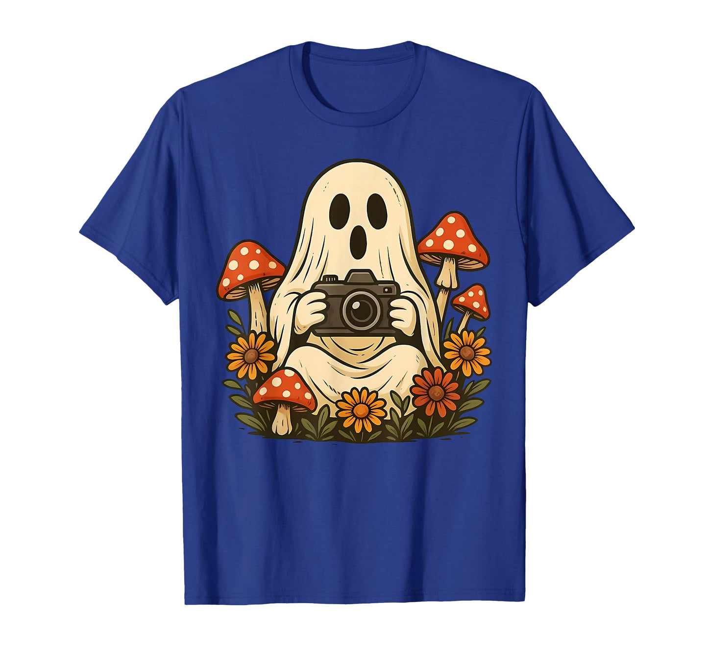 Vintage Fall Mushroom Ghost with Camera Woodland Halloween T-Shirt
