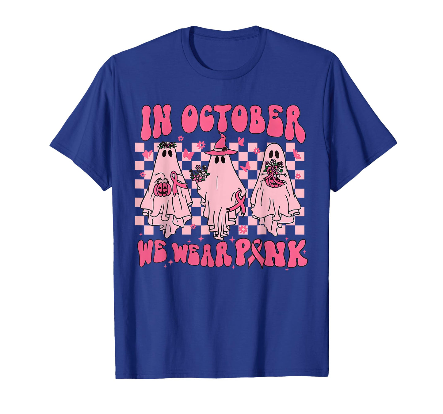 In October We Wear Pink Ghost Groovy Breast Cancer Halloween T-Shirt