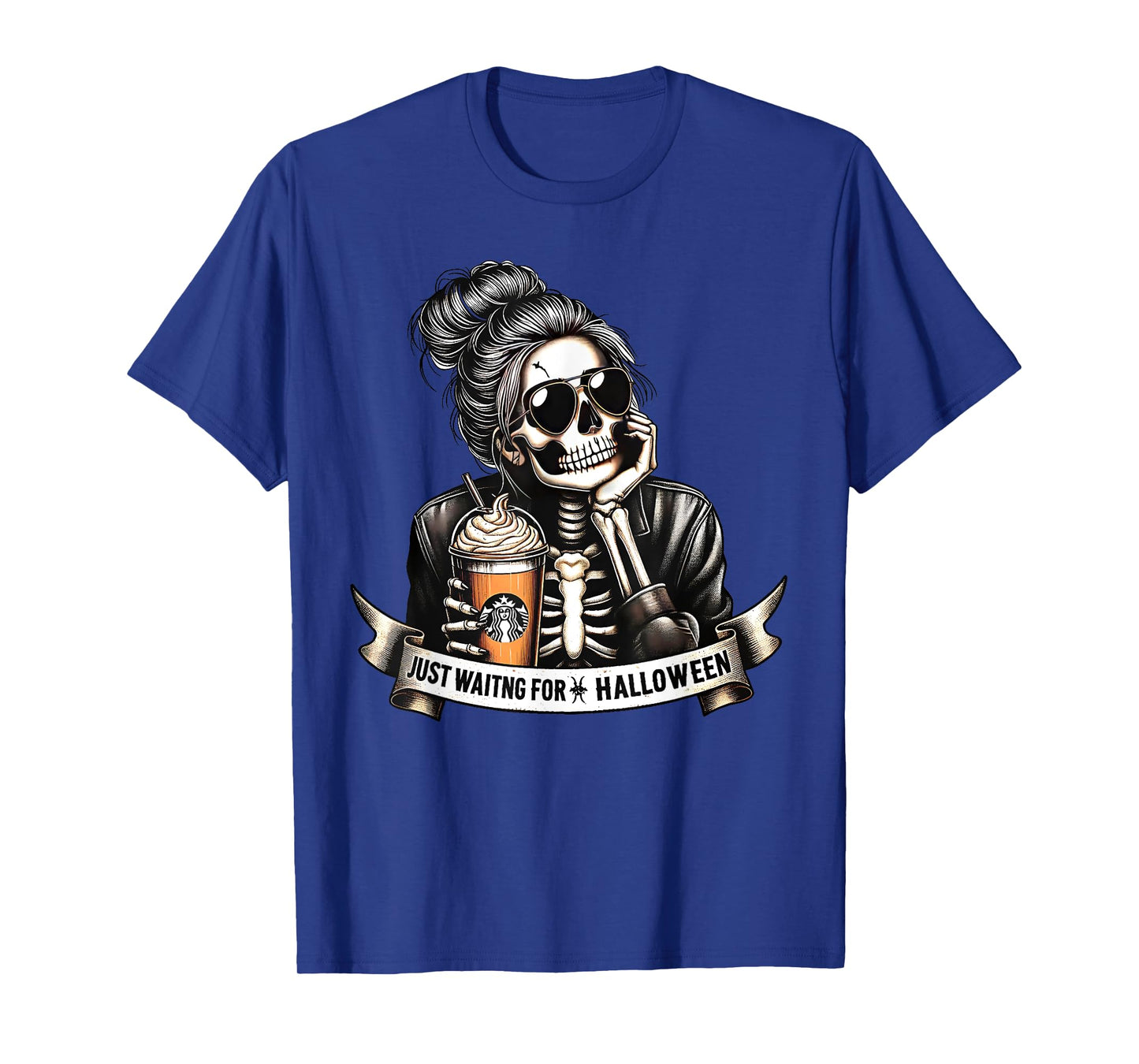 Just Waiting For Halloween Spooky Season Skeleton Coffee T-Shirt