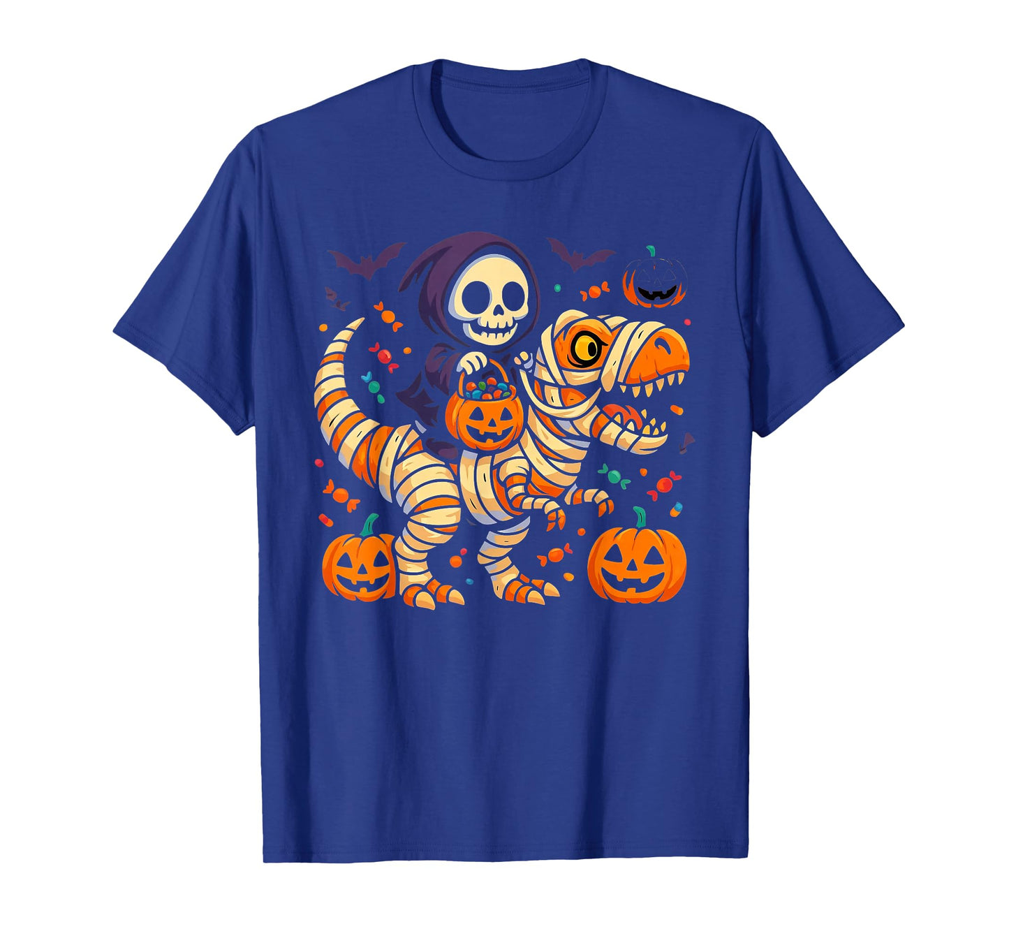 Skeleton Riding Mummy Dinosaur T Rex Pumpkin Funny Halloween T-Shirt