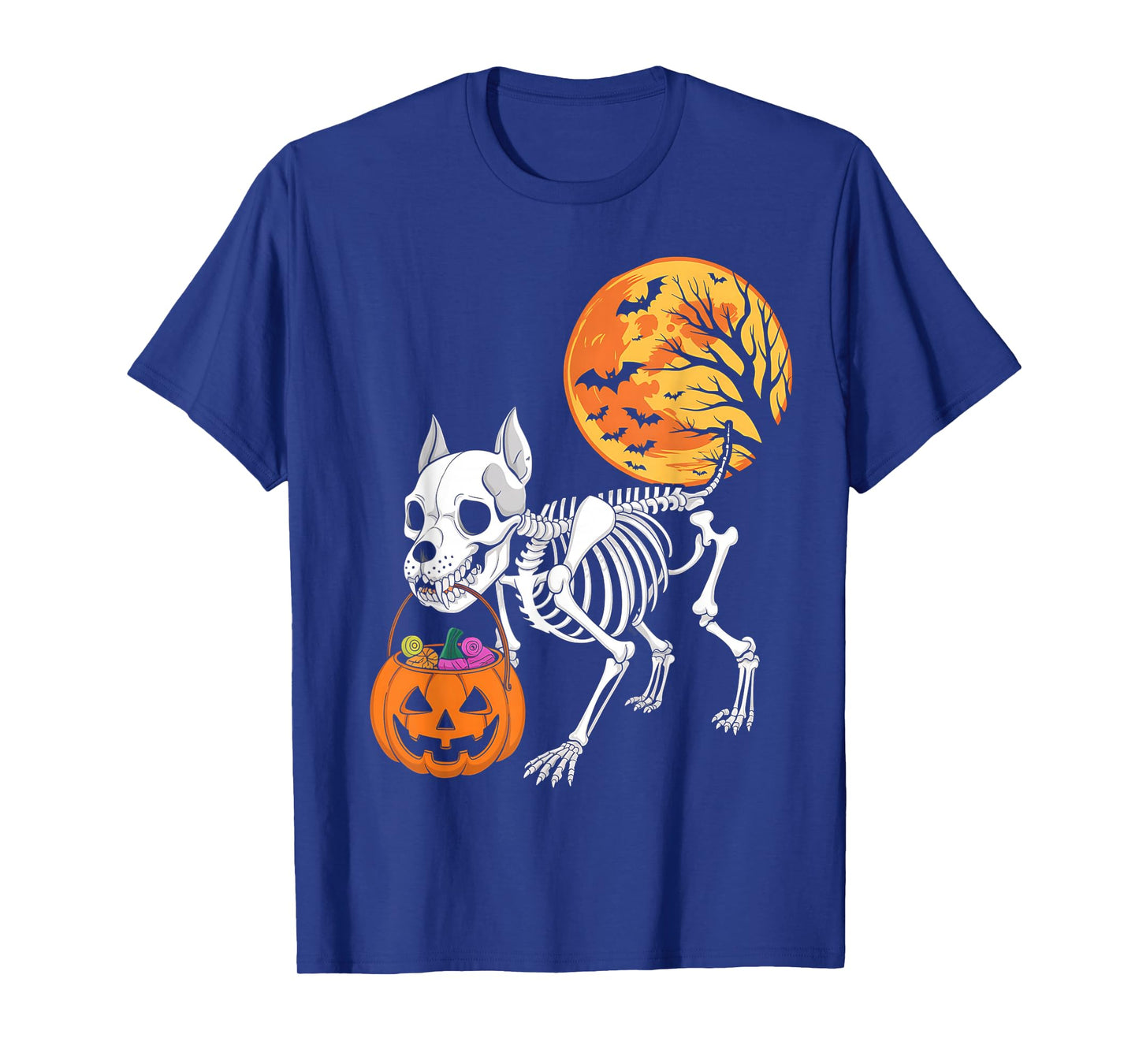 Funny Pitbull Dog Skeleton Scary Pumpkin Moon Halloween T-Shirt