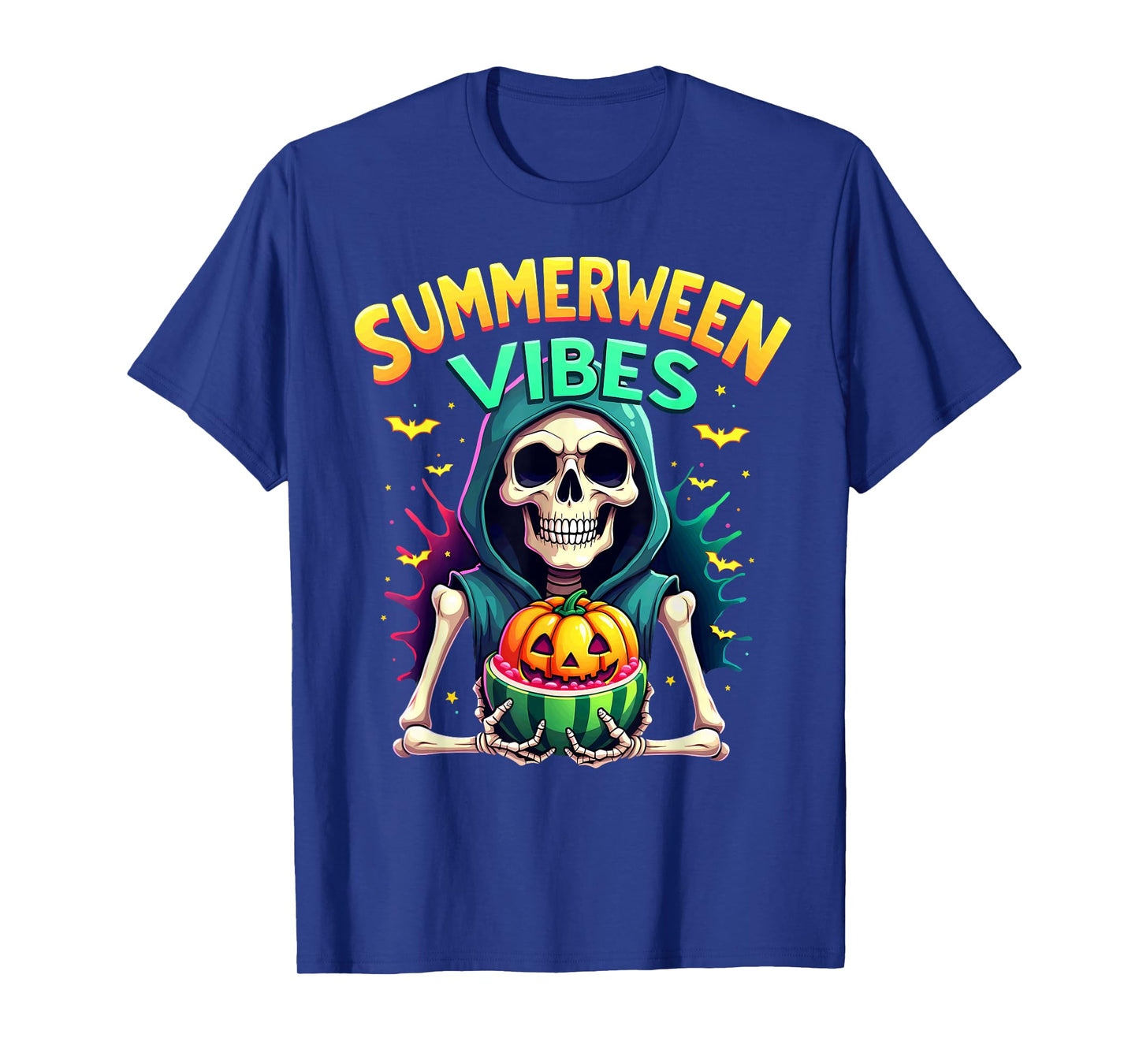 Ghost Skeleton Eating Watermelon Summerween Vibes T-Shirt