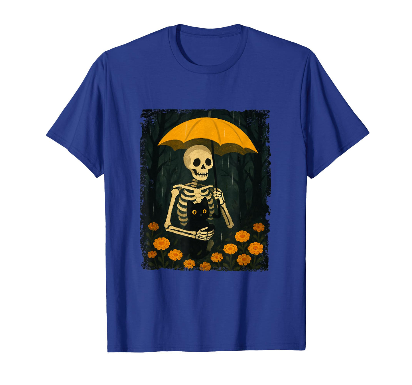 Skeleton Holding Black Cat Under Umbrella Halloween Floral T-Shirt