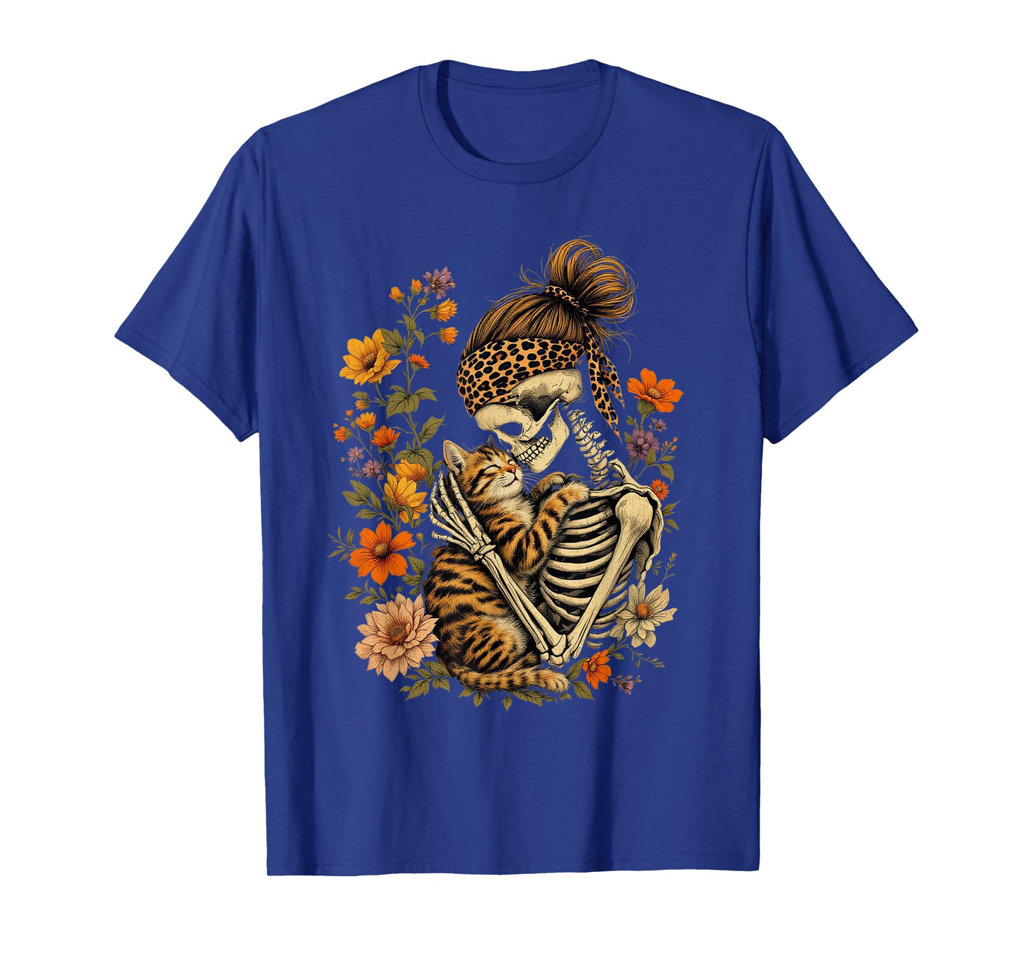 Skeleton Hugging Cat Floral Halloween Cat Lover Mom Costume T-Shirt