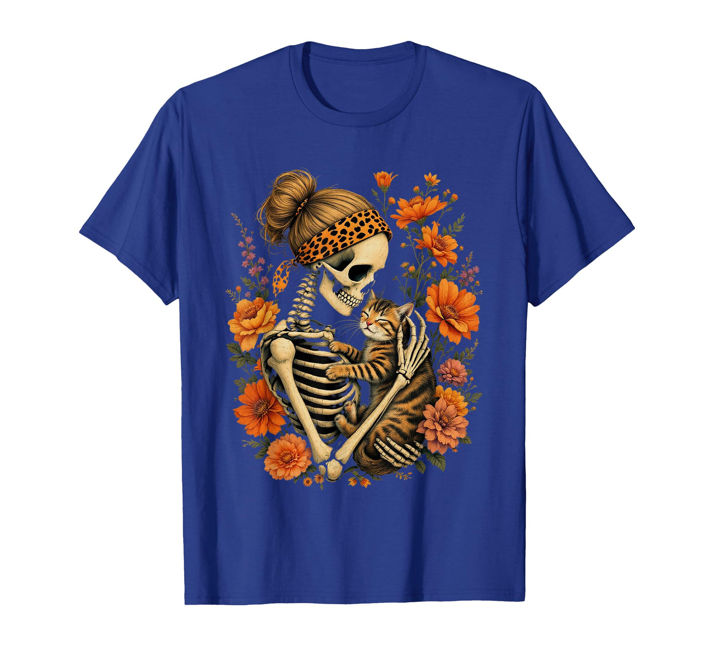 Skeleton Hugging Cat Floral Halloween Cat Lover Mom Costume T-Shirt