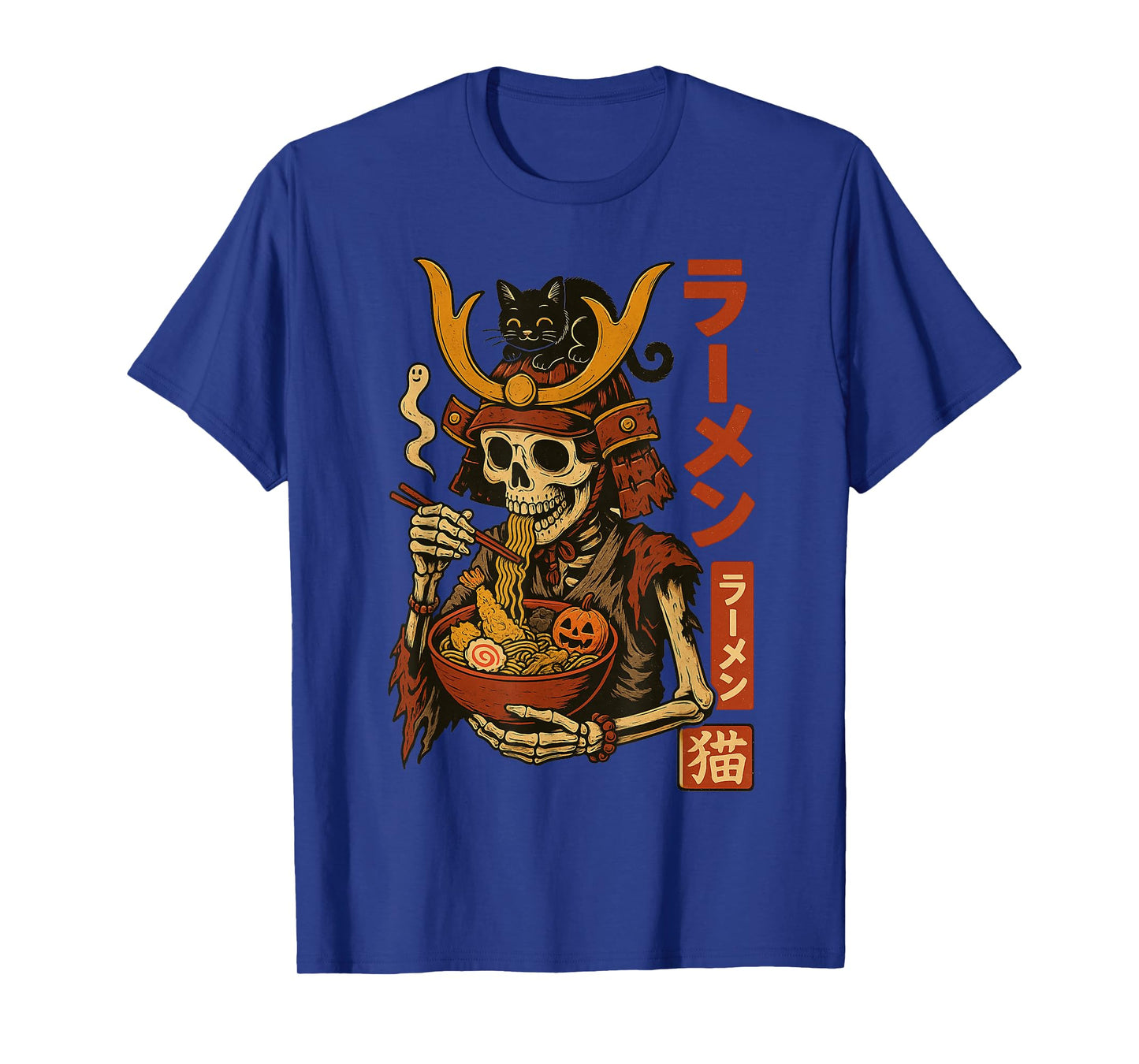 Samurai Skeleton Eating Ramen with Black Cat Japanese T-Shirt