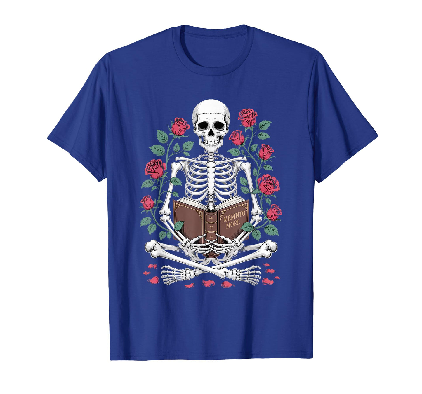 Skeleton Reading Surrounded by Roses Halloween Artwork T-Shirt