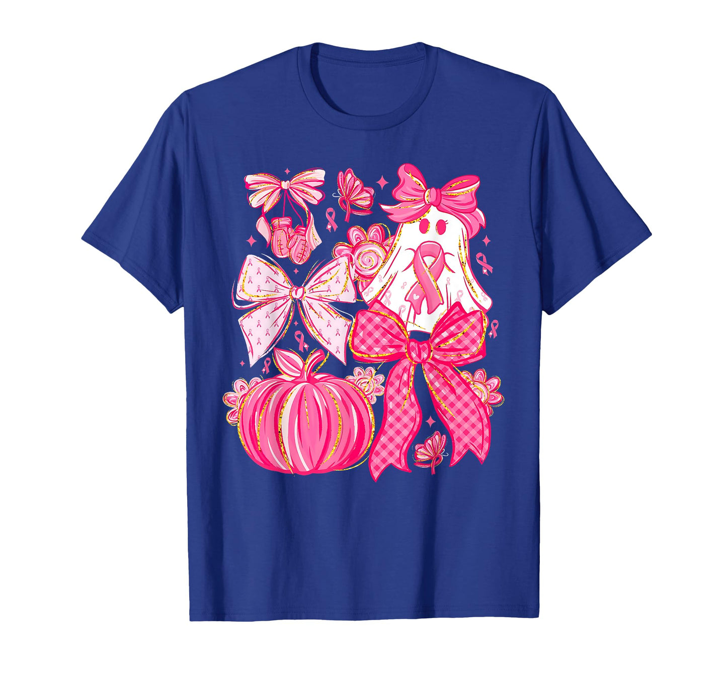 Breast Cancer Pink Ribbon Coquette Bow Pink Ghost Pumpkin T-Shirt