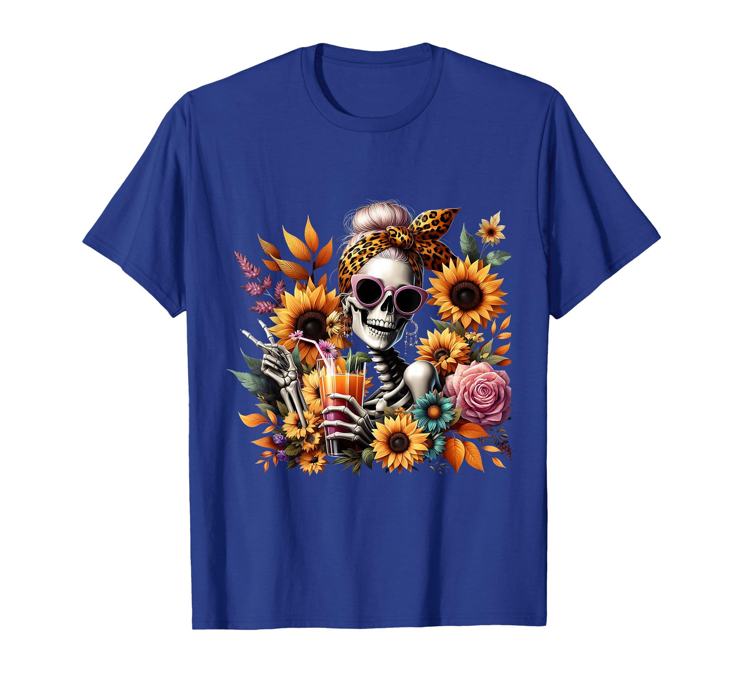 Fall Autumn Messy Bun Skull Bow Halloween Skeleton Women T-Shirt