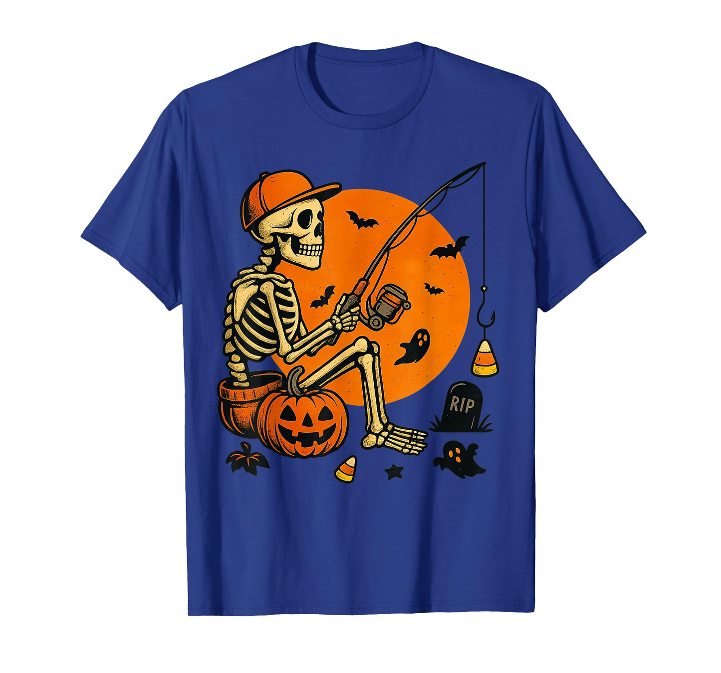 Skeleton Fishing Halloween Retro Moon Apparel Outfit T-Shirt