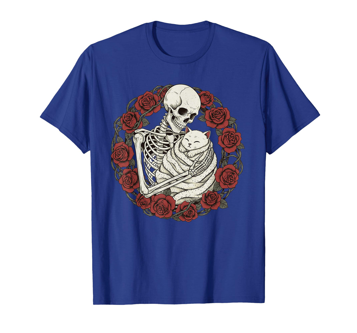 Skeleton Hugging Cat Gothic Floral Creepy Cute Halloween T-Shirt