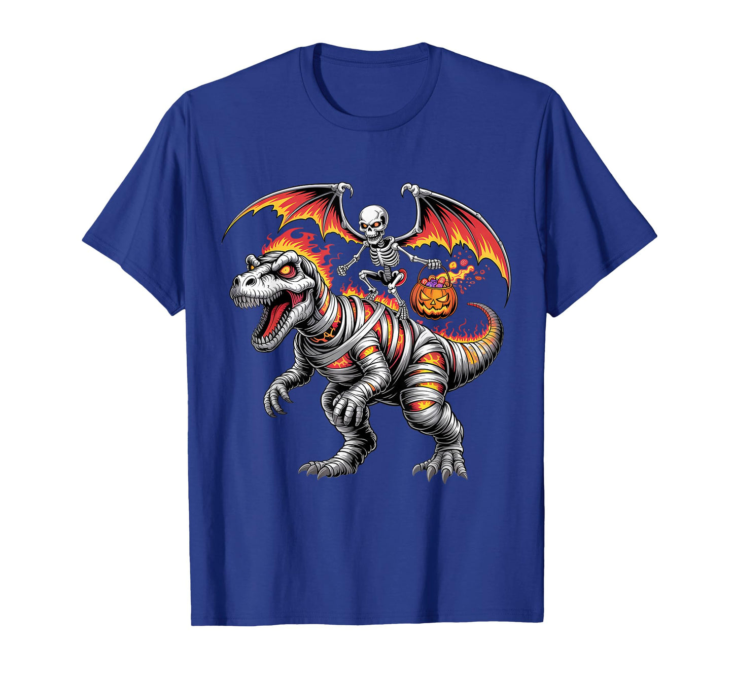 Scary Skeleton Riding Dinosaur T-Rex Halloween Pumpkin T-Shirt