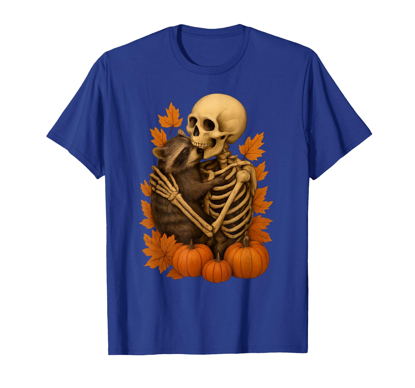 Skeleton Hugging a Raccoon Fall Vibes Halloween Costume Cute T-Shirt