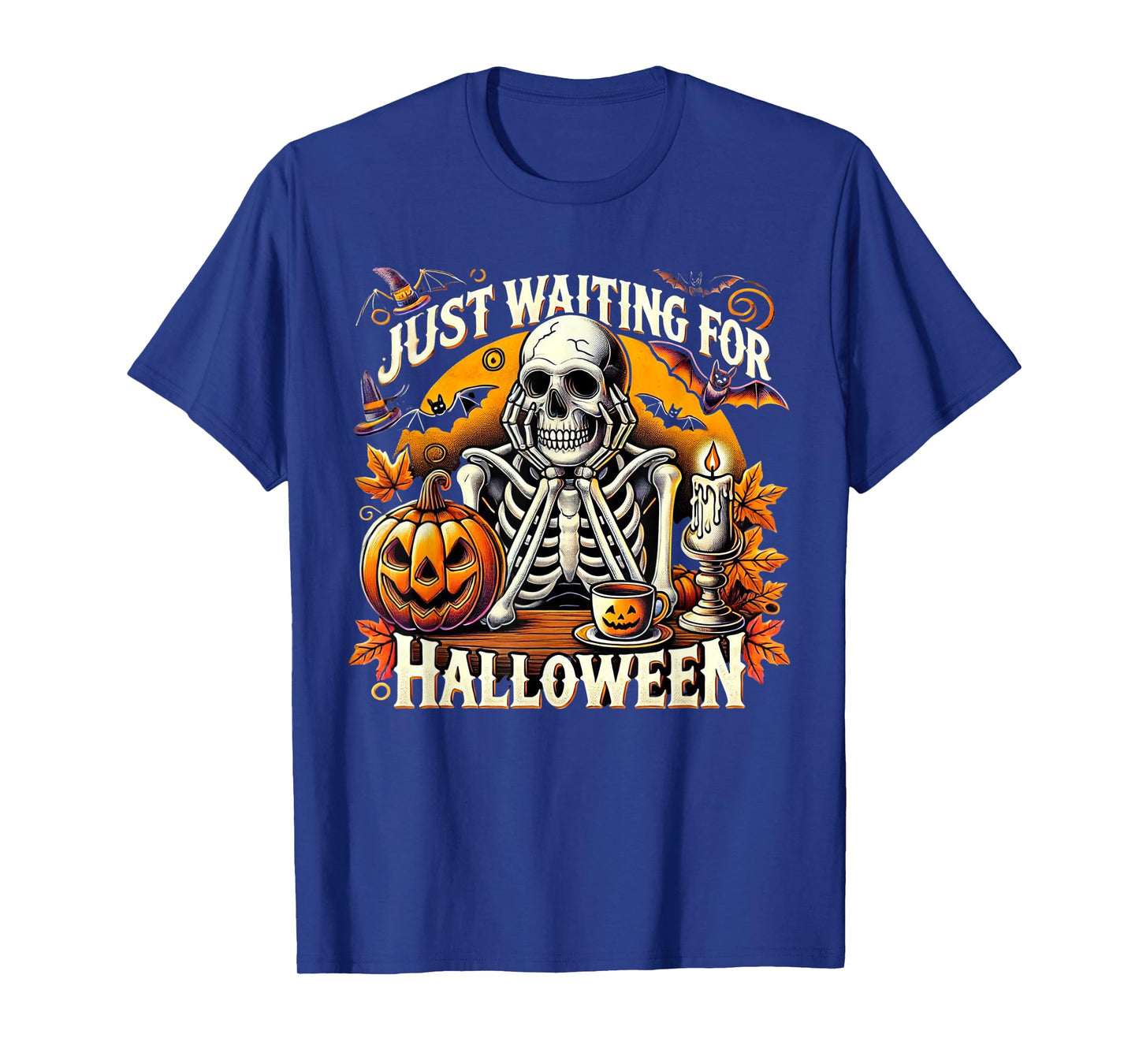 Just Waiting for Halloween Skeleton Coffee Spooky Season T-Shirt