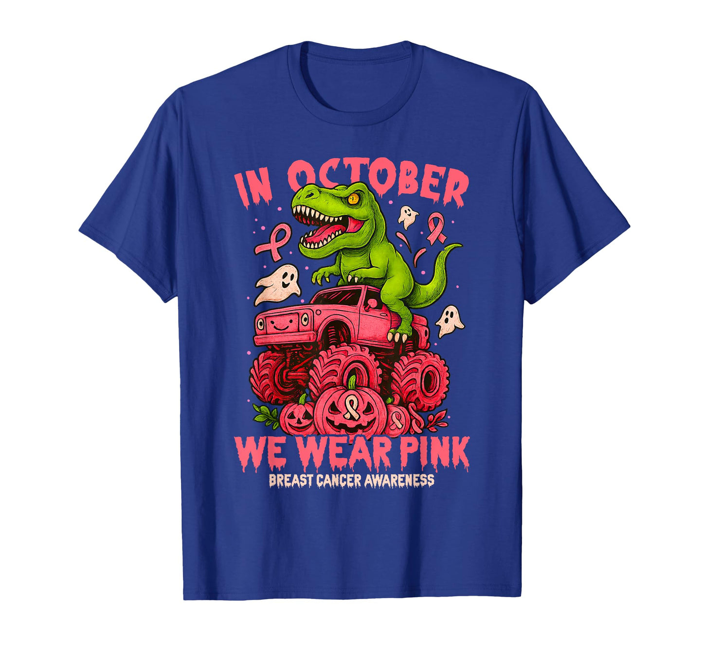 in October We Wear Pink T Rex Dinosaur Monster Truck Pumpkin T-Shirt