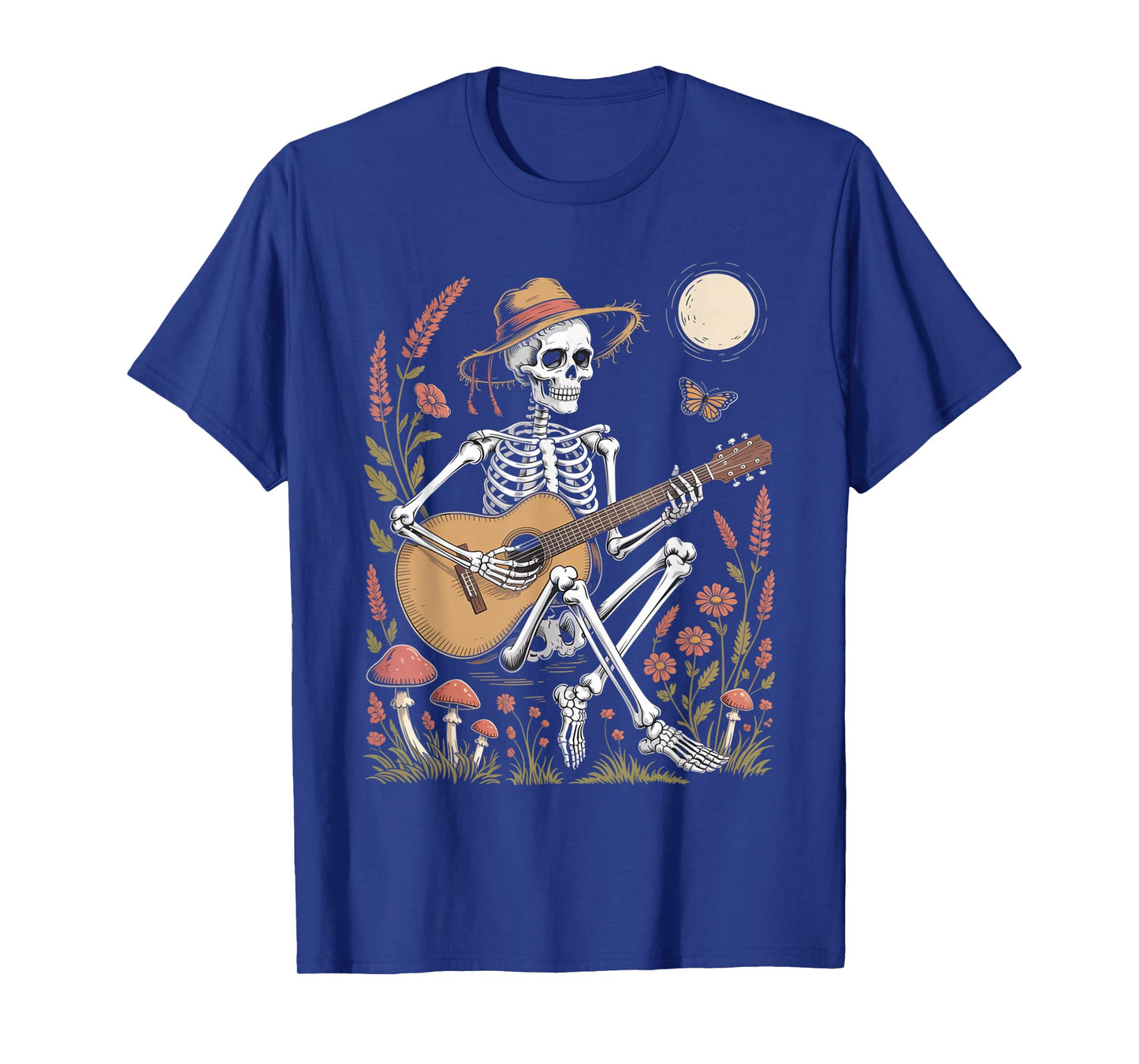 Skeleton Playing Guitar Under Moon Funny Spooky Folk Outfit T-Shirt