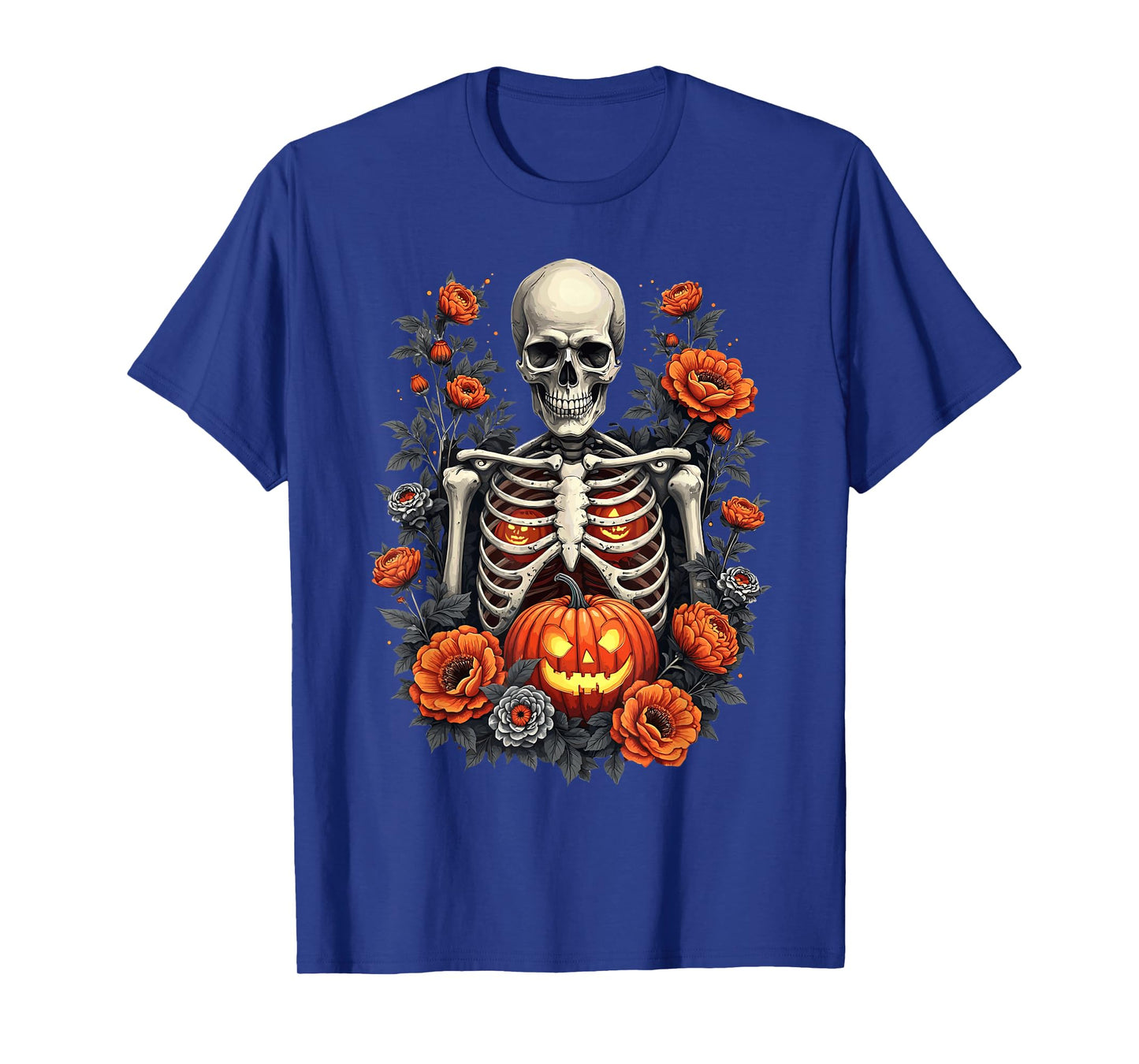 Retro Skeleton Floral Ribcage Pumpkin Fall Halloween Costume T-Shirt