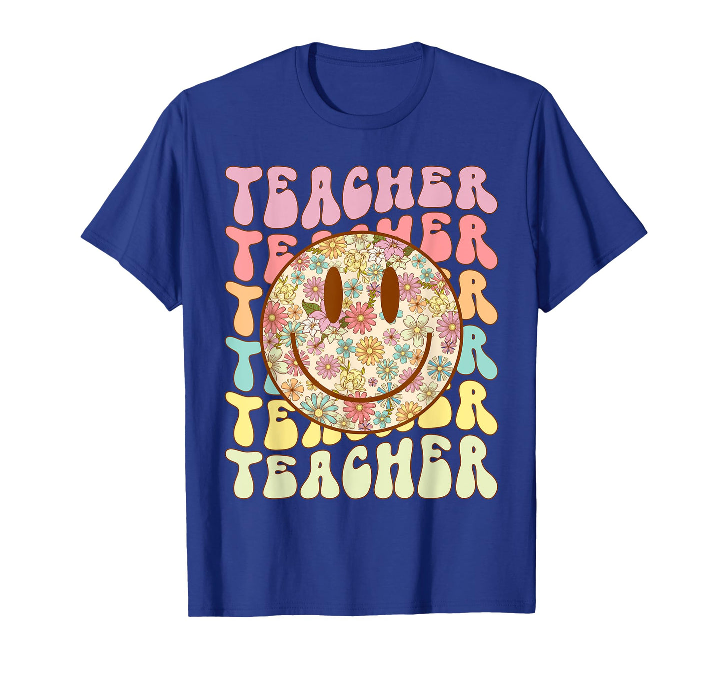 Groovy Retro Teacher Floral Smile Face Back To School T-Shirt