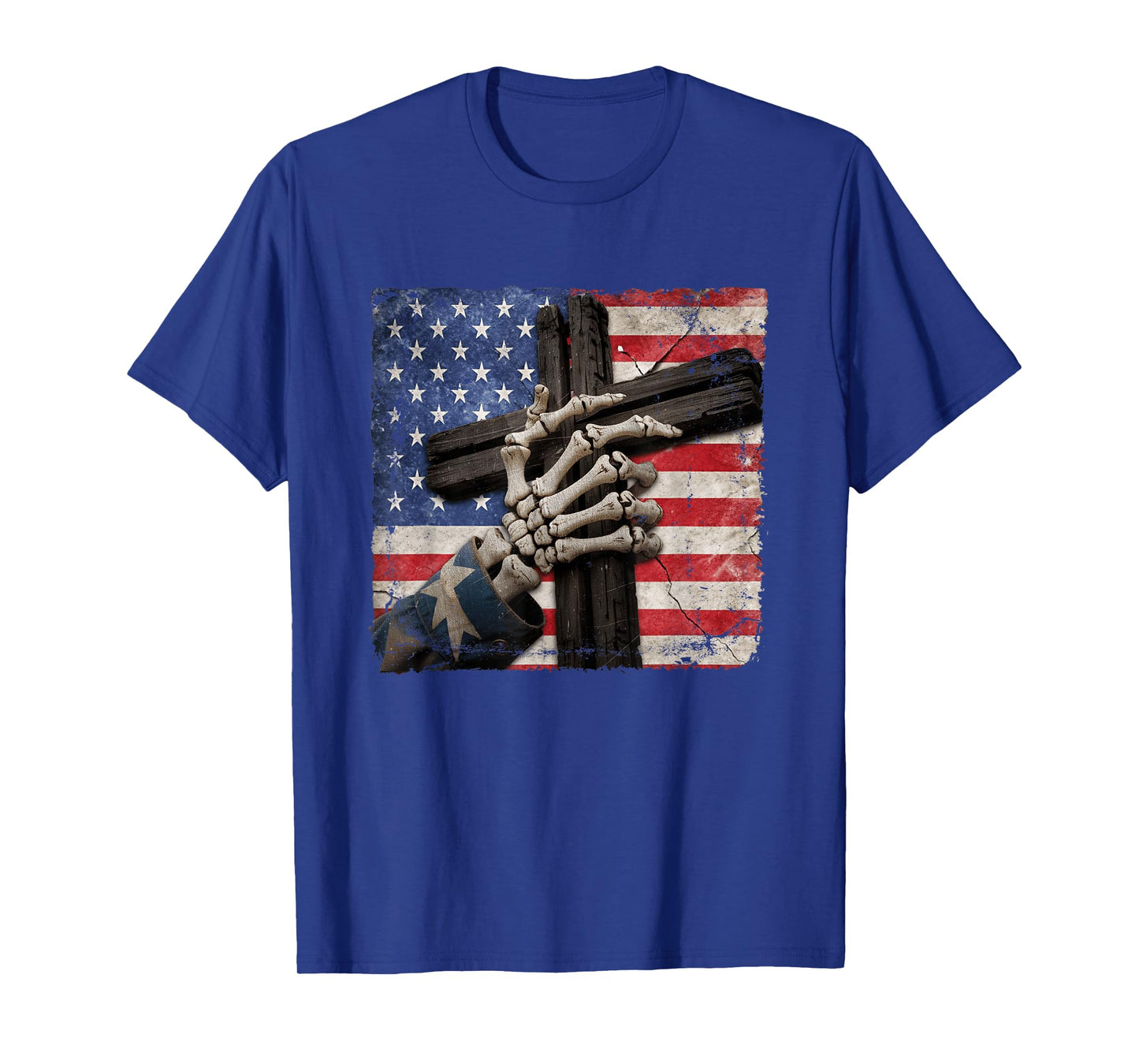 Skeleton Hand Holding Cross American Flag Patriotic Gothic T-Shirt