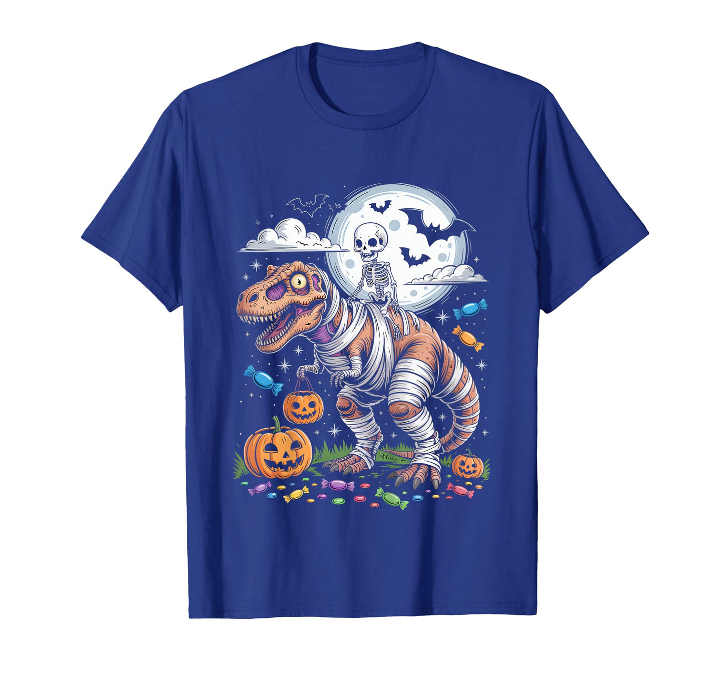 Skeleton Riding Tyrannosaurus Skeleton Halloween Spooky T-Shirt