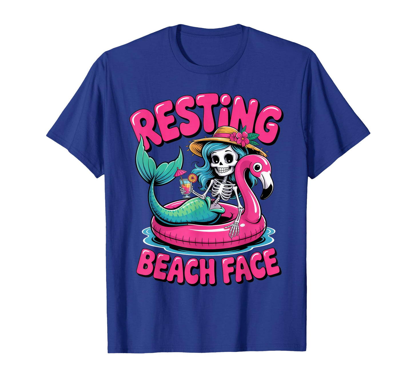 Resting Beach Face Summer Vibes Mermaid Skeleton Humor Pool T-Shirt