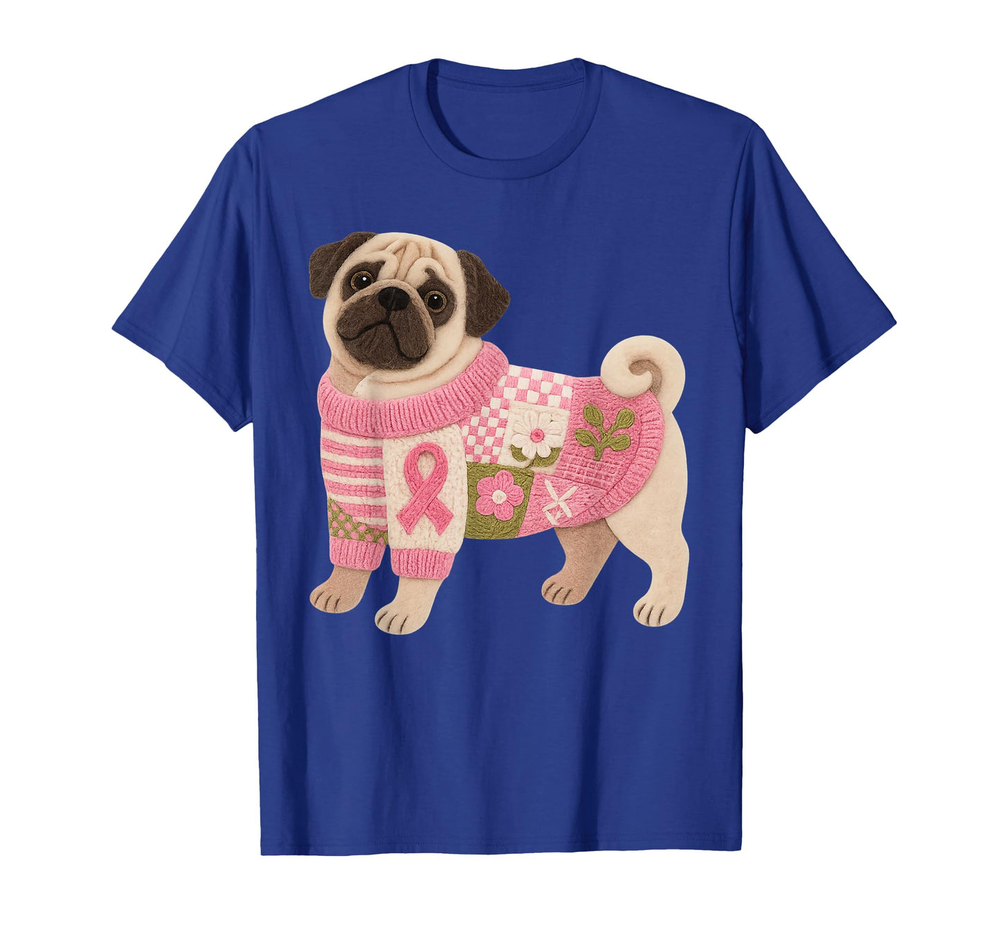 Pug Dog Pink Ribbon Breast Cancer Pattern Felt Art T-Shirt
