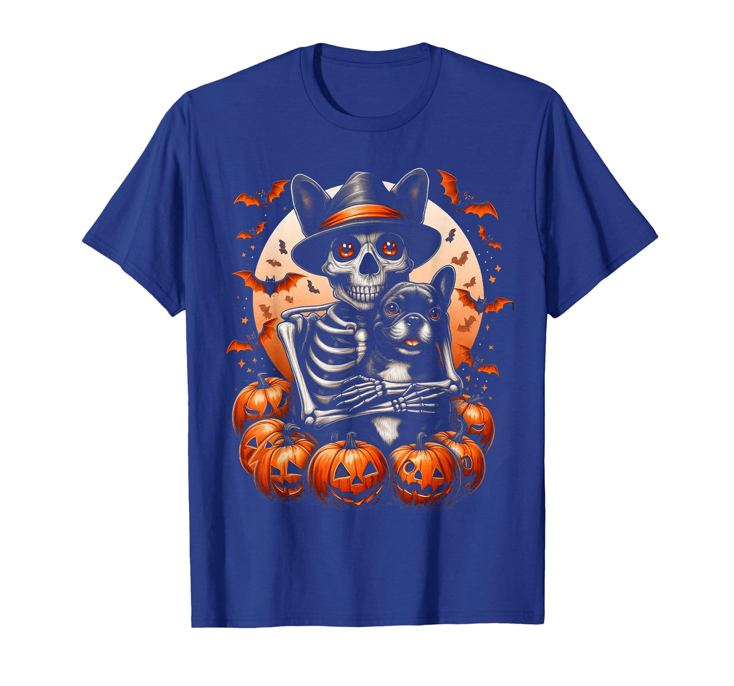 Skeleton Hugging French Bulldog Halloween Lover Mom Dad T-Shirt