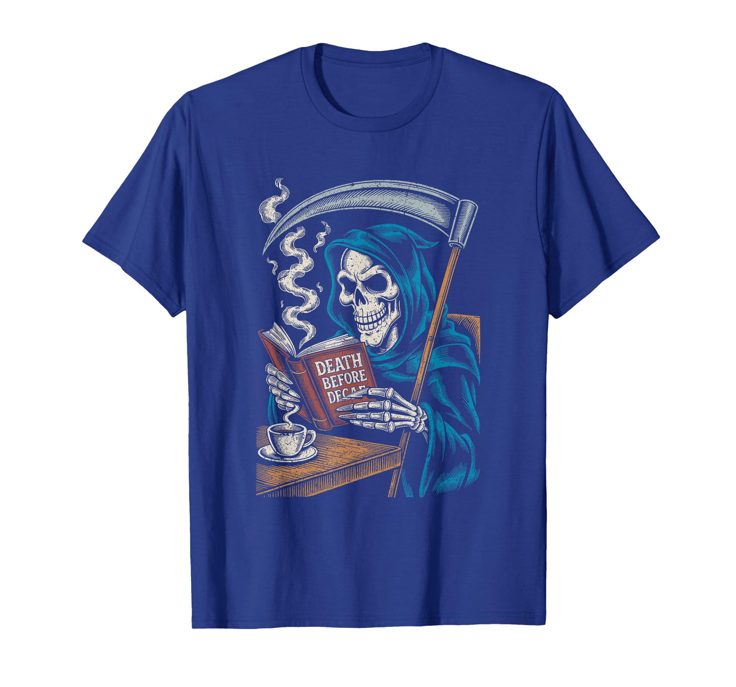 Grim Reaper Reading with Coffee Cup Halloween Horror Fun T-Shirt
