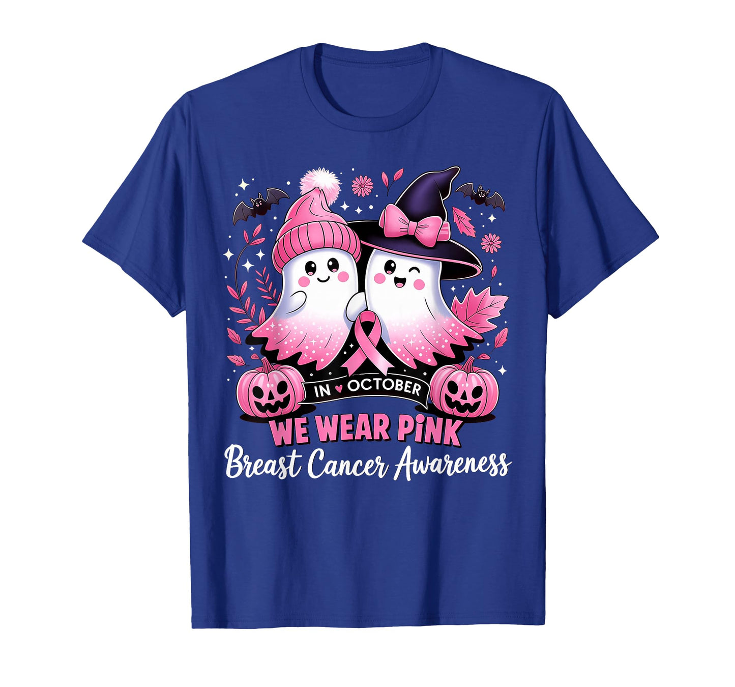 in October We Wear Pink Ghost Witch Breast Cancer Awareness T-Shirt